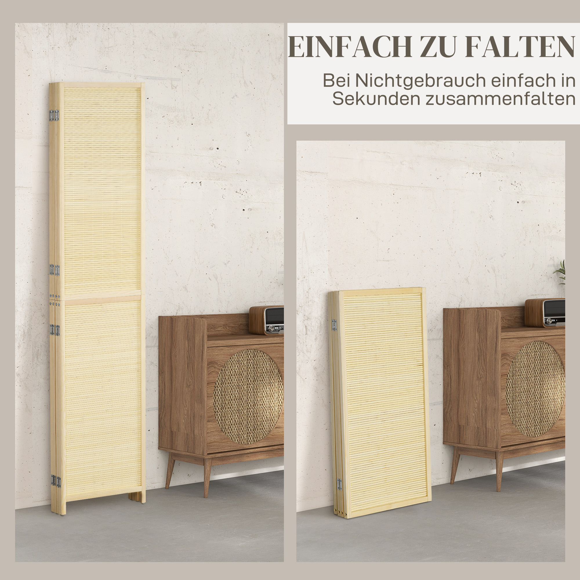 Paravent 4-teilig 180 x 180 cm Faltbar Raumteiler Trennwand aus Bambus für Wohnzimmer Natur