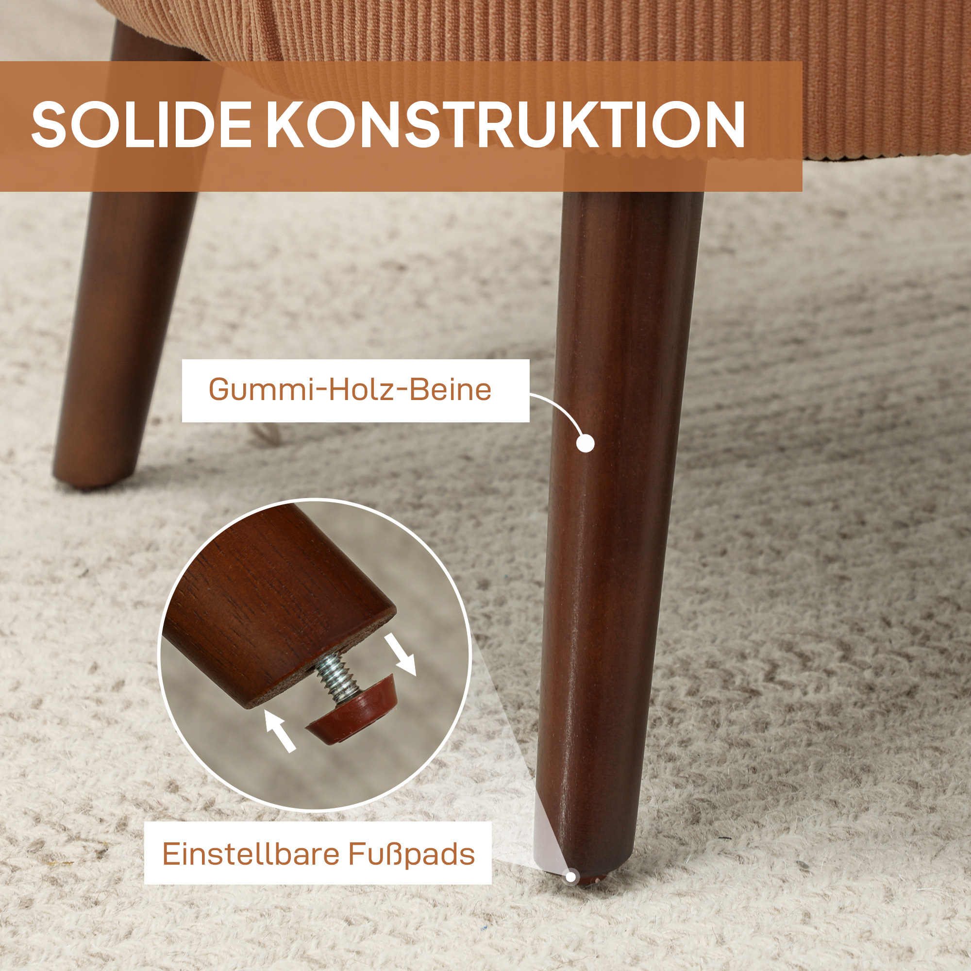 Moderner Armlehnstuhl, Gepolsterter Akzentstuhl mit Lendenkissen, Kautschukholzbeinen, Orange