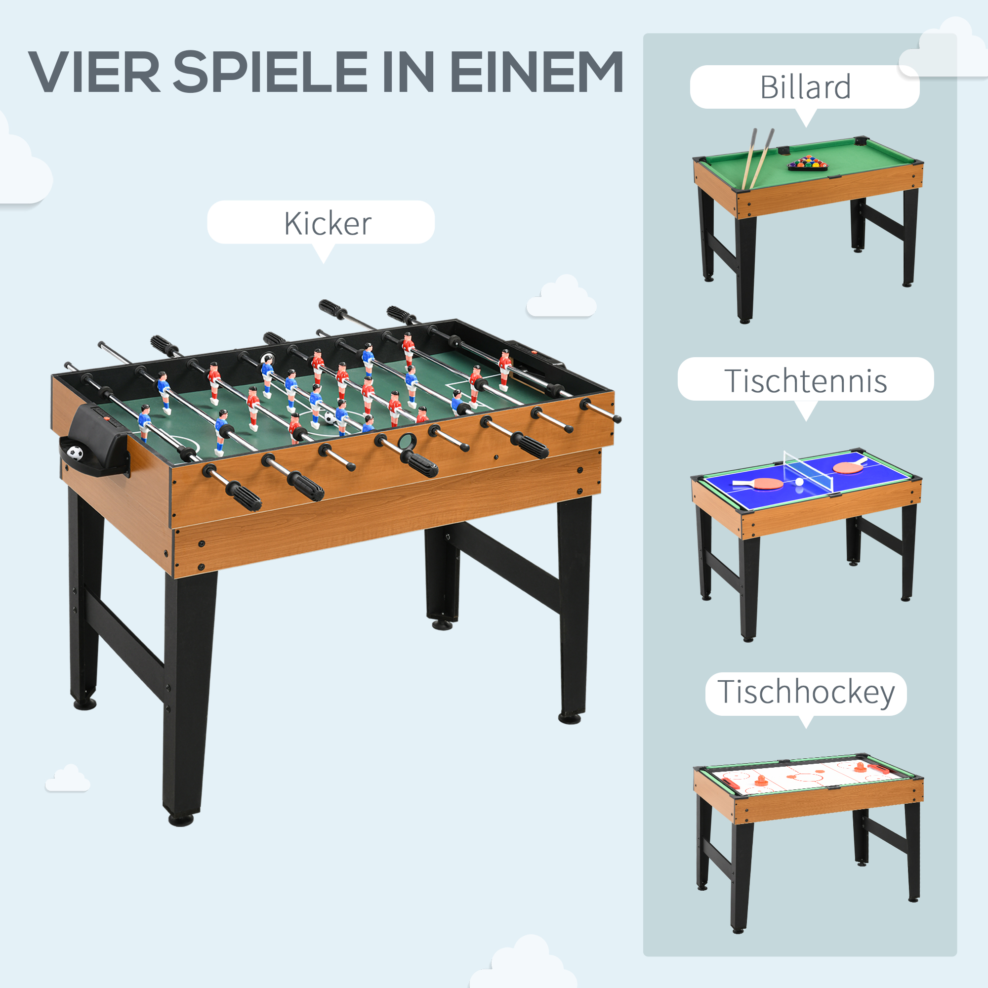 4-in-1 Partyspieltisch inkl. Tischtennis, Kicker, Billard, Tischhockey, Metall, Holz, Natur+Schwarz