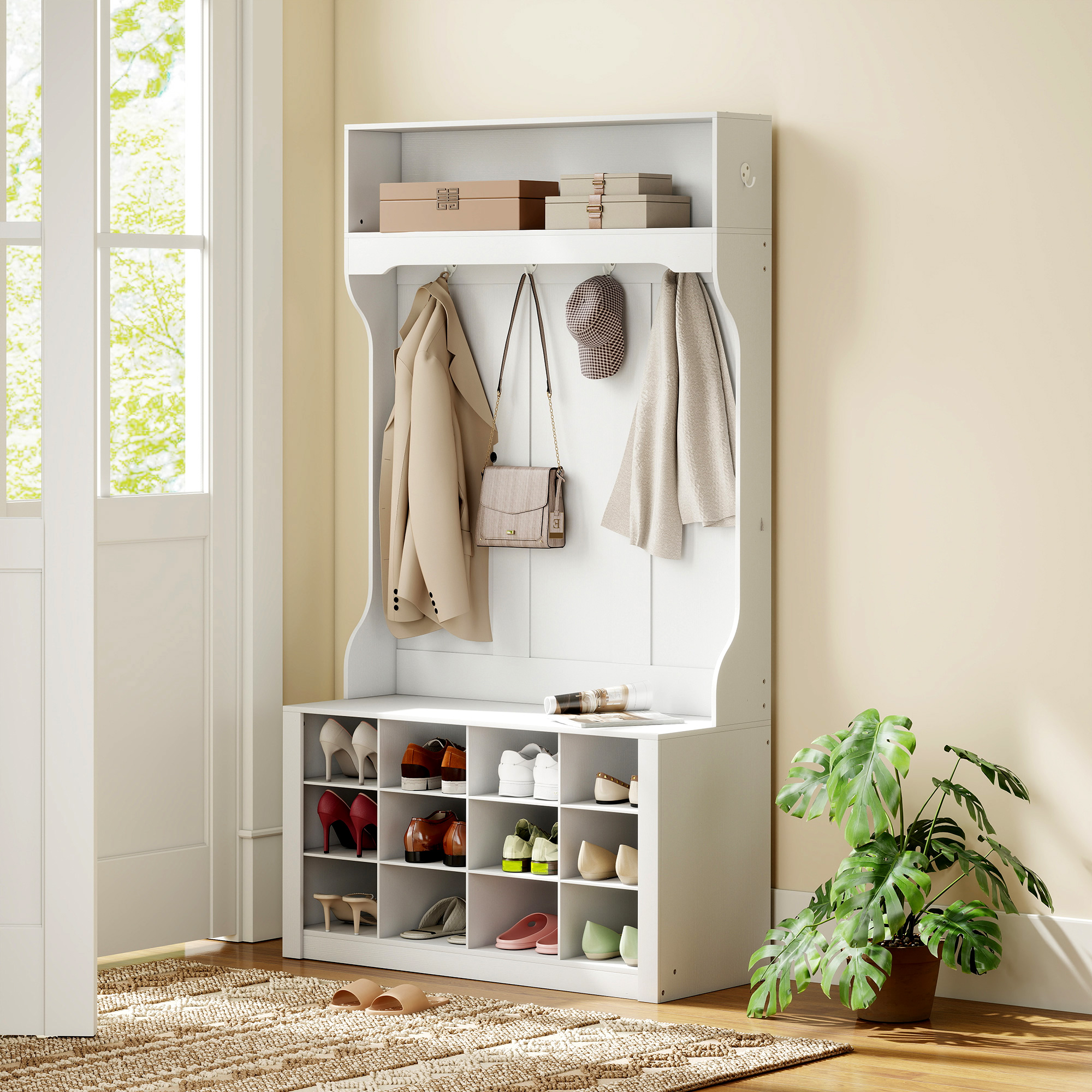 Garderobe mit Regal, Bank, Haken, Schuhfächern, Spanplatten, MDF, Weiß