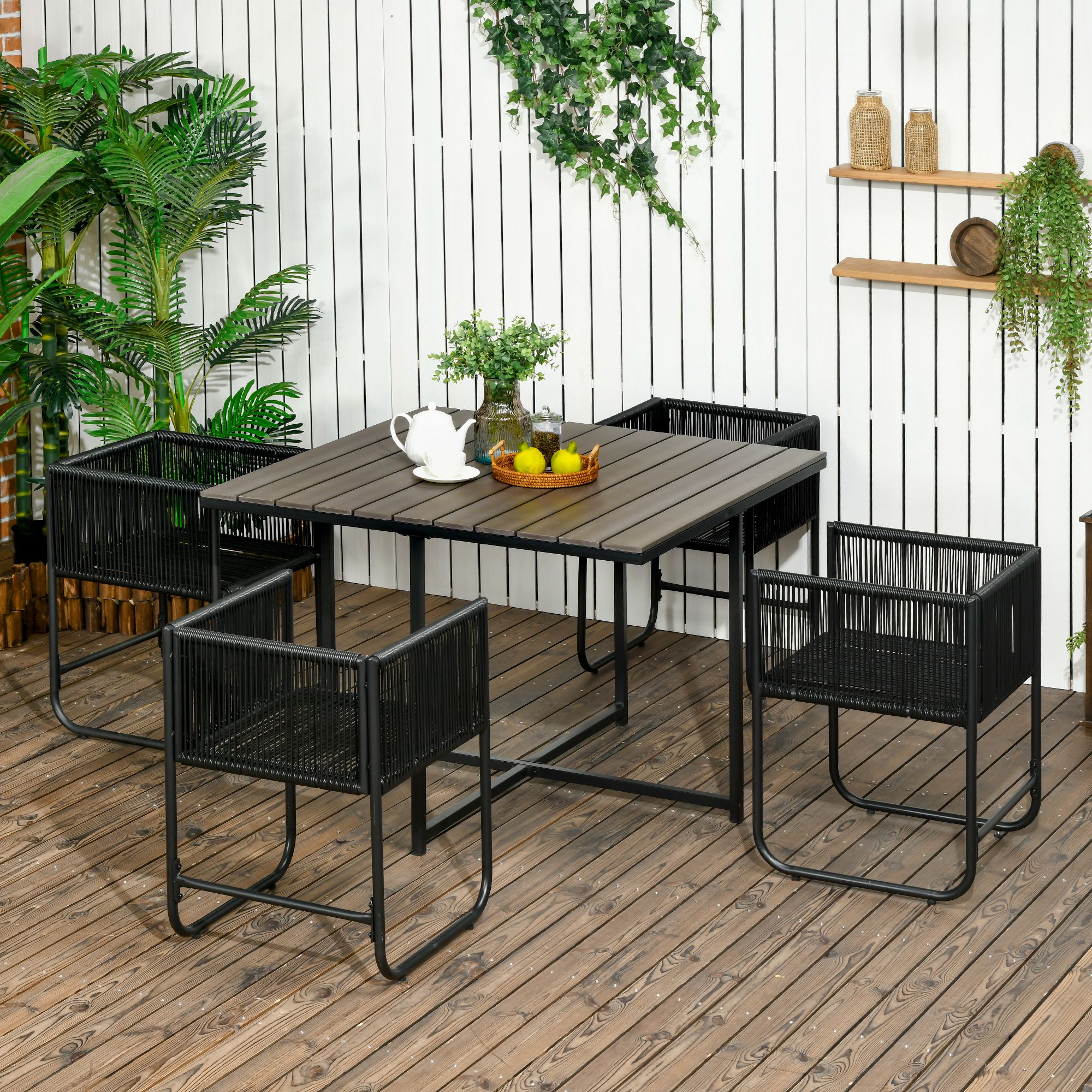 Outdoor Essgruppe, Gartengarnitur, 5-teilig, Polyrattan, Sitzkissen, wetterfest, Schwarz/Grau