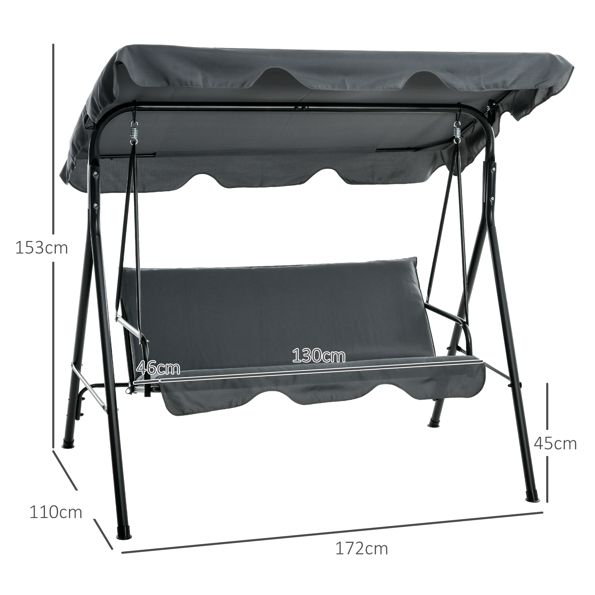 Hollywoodschaukel, Gartenschaukel, 3-Sitzer Schaukelbank mit Dach, Stahl, 172 x 110 x 153 cm, Grau