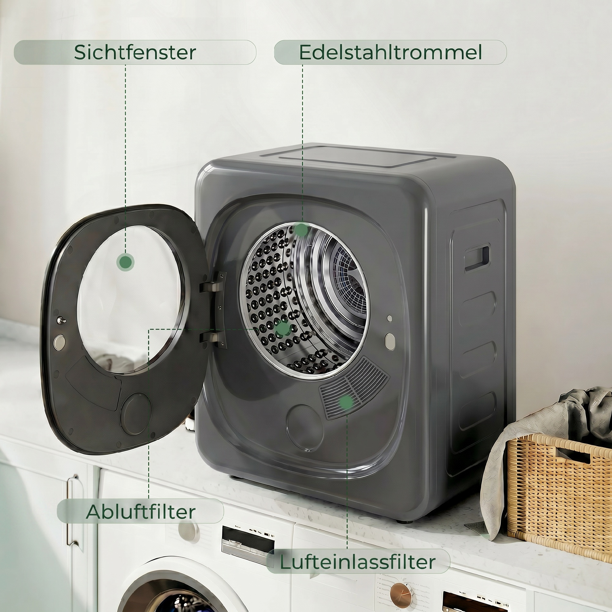 4 kg Wäschetrockner, kompaktes Design, 5 Modi, Timer, Grau+Schwarz