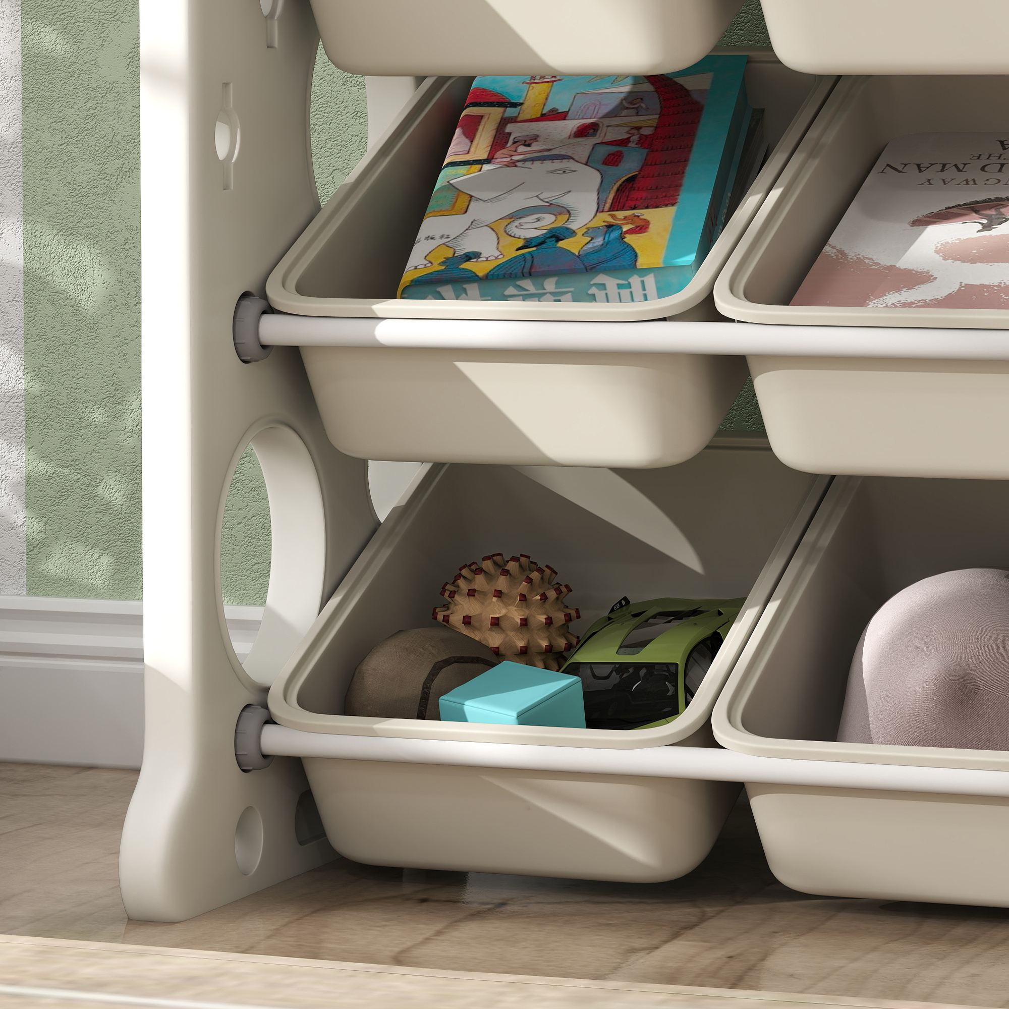 Kinder-Aufbewahrungsregal mit 9 Behältern, für Spielzeug und Bücher, Kinderzimmer, Kindergarten, Kunststoff, Cremeweiß