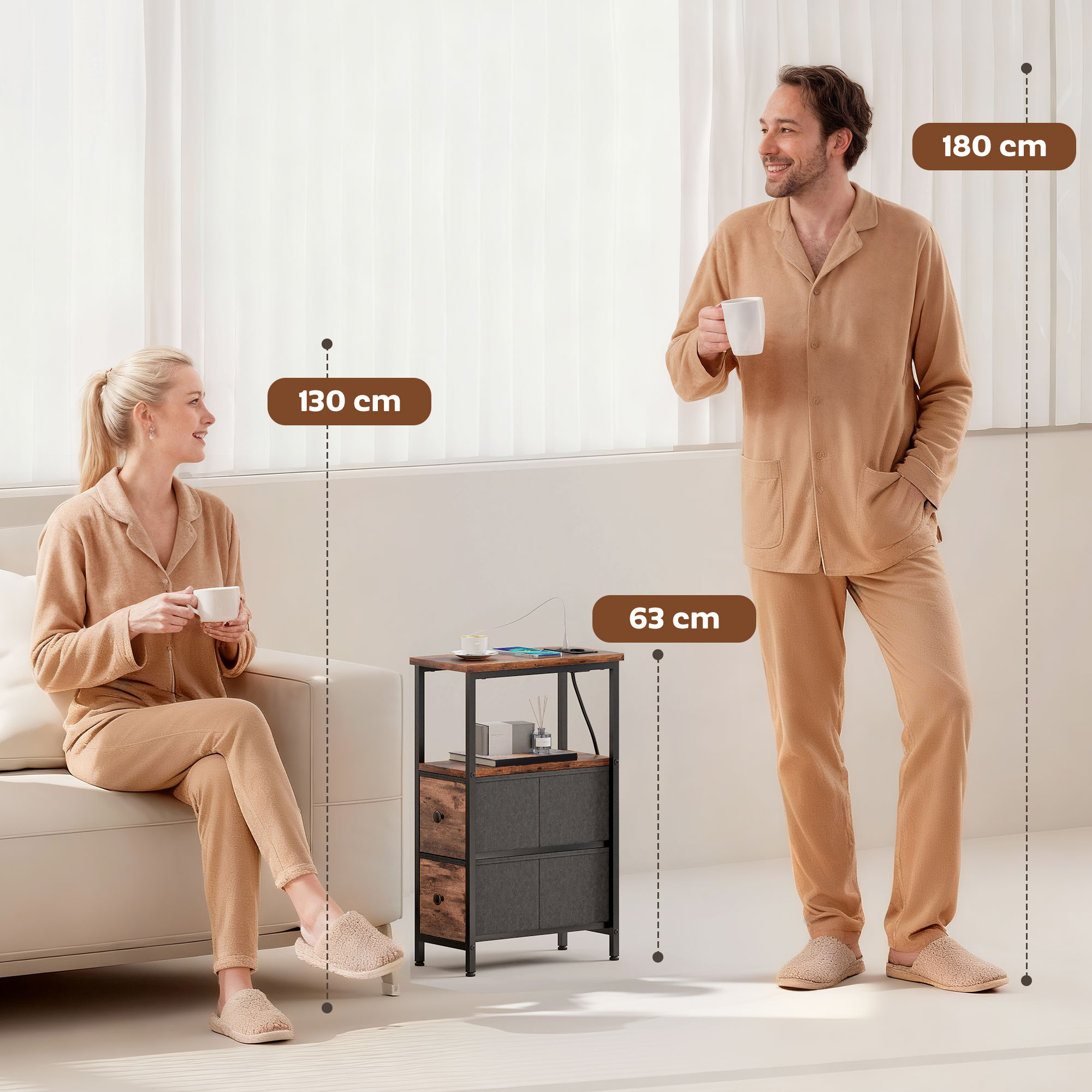 Couchtisch Beistelltisch mit Ladestation, Stahlrahmen, 2 Stoffschublade, offen Fach, 20cm x 40cm x 63cm, Rustikal-Braun