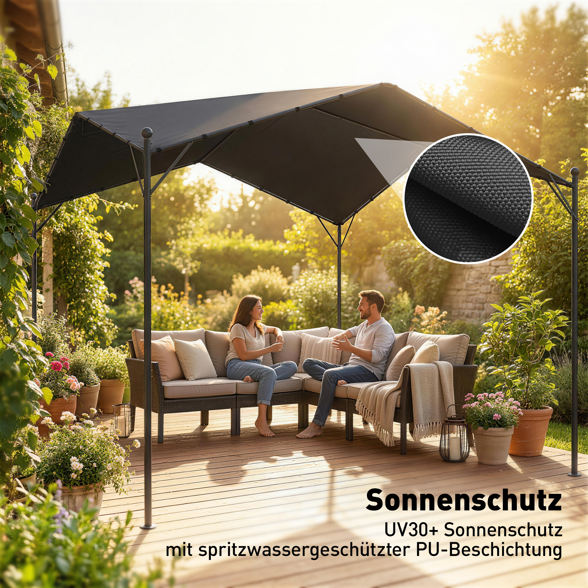 Pergola Pavillon 3x3m Wasserabweisend Stabil winterfest Sonnenschutz mit Satteldach Dreiecksverstrebungen