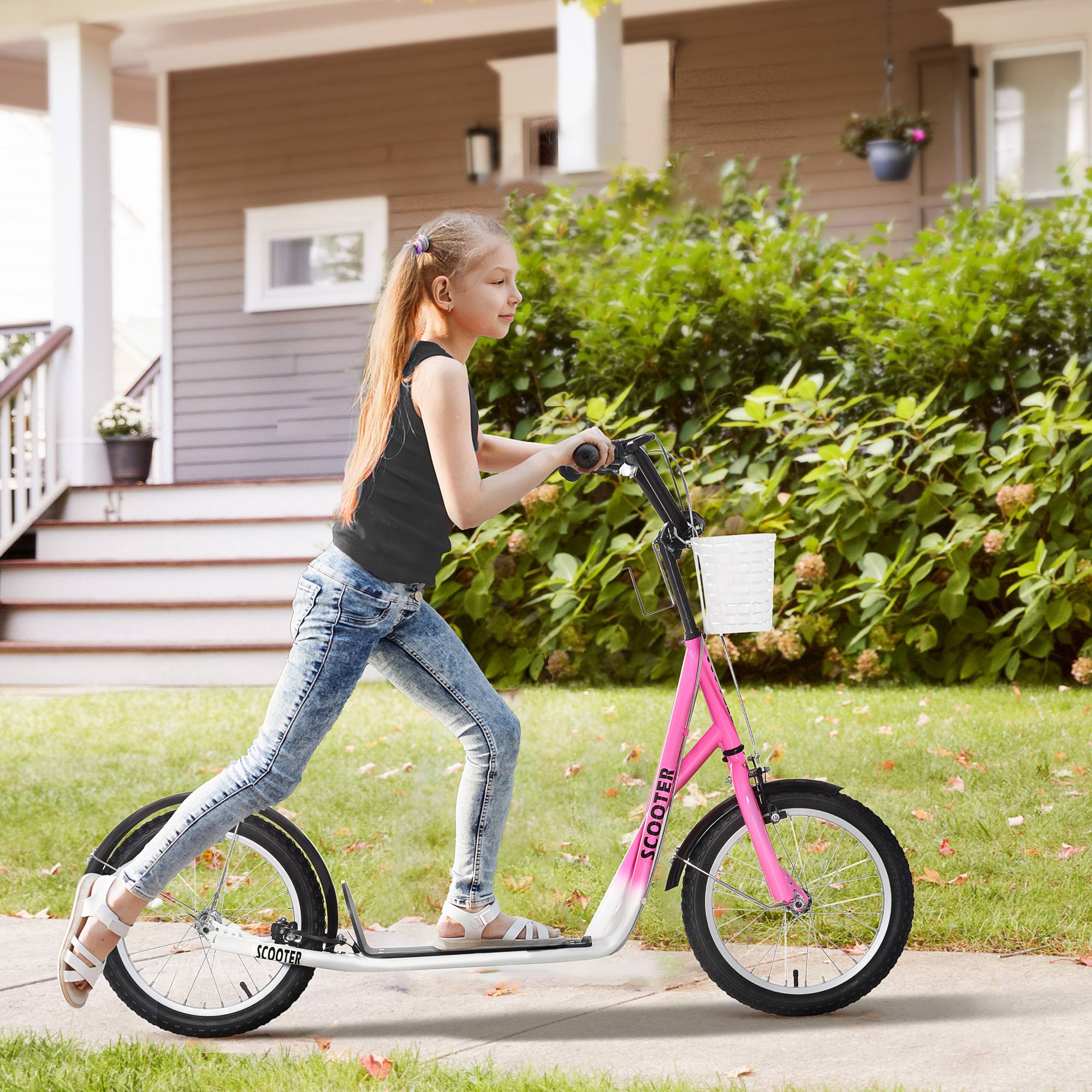 Kinderroller Tretroller mit Bremse, inkl. Korb, höhenverstellbar, für Kinder von 5 bis 12 Jahren, Weiß + Pink