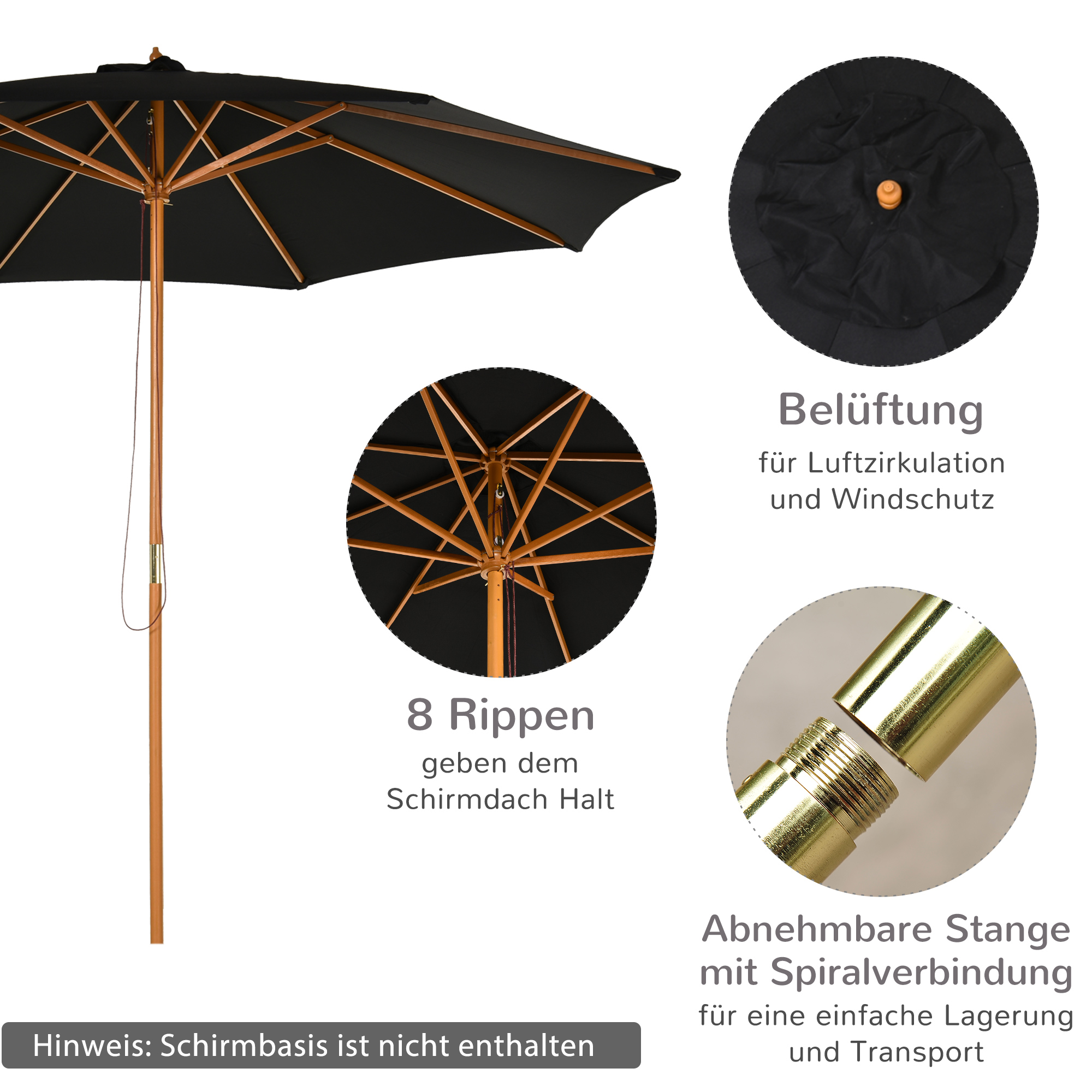 Sonnenschirm Ø 300 cm, Sonnenschirm mit UV Schutz Balkonschirm aus Holz Strandschirm stabil Marktschirm Sonnenschutz für Strand Terrasse Garten, Schwarz