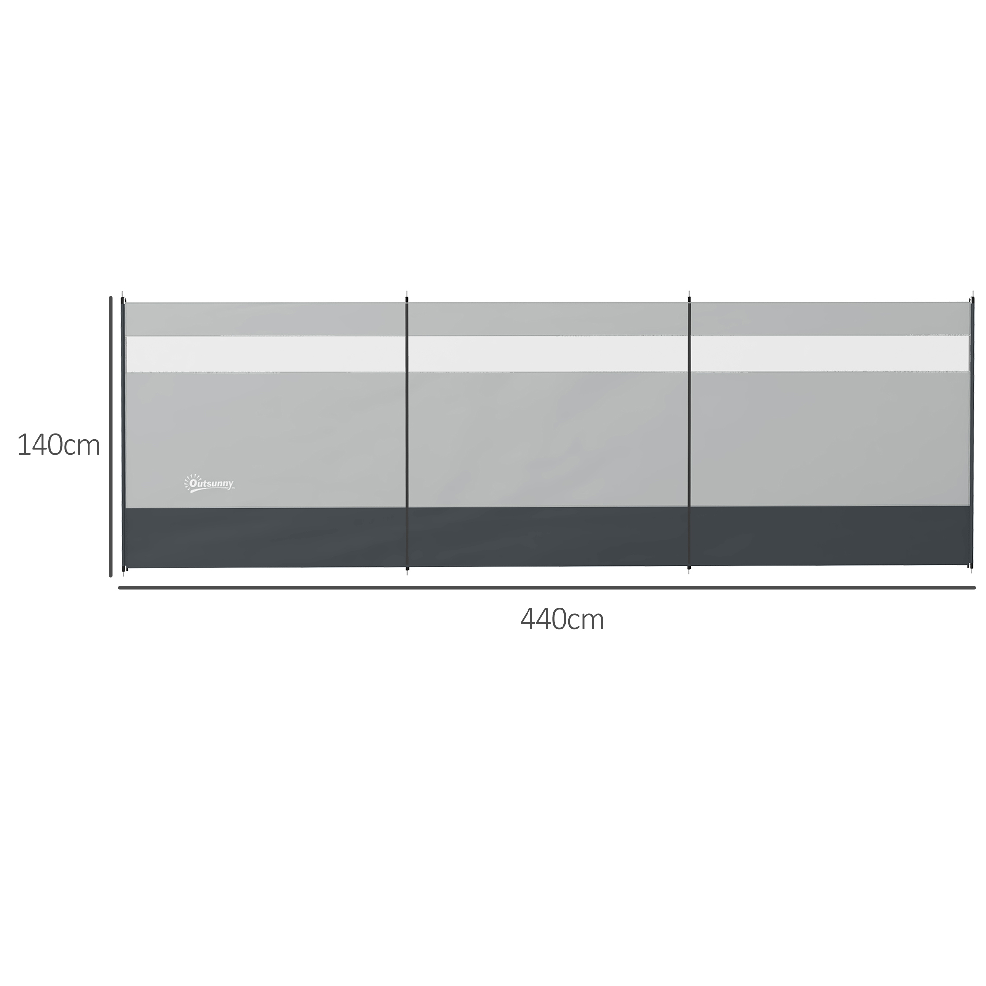 Windschutz mit Sichtfenster und Tragetasche, Stahlstangen, 440x140cm, Grau