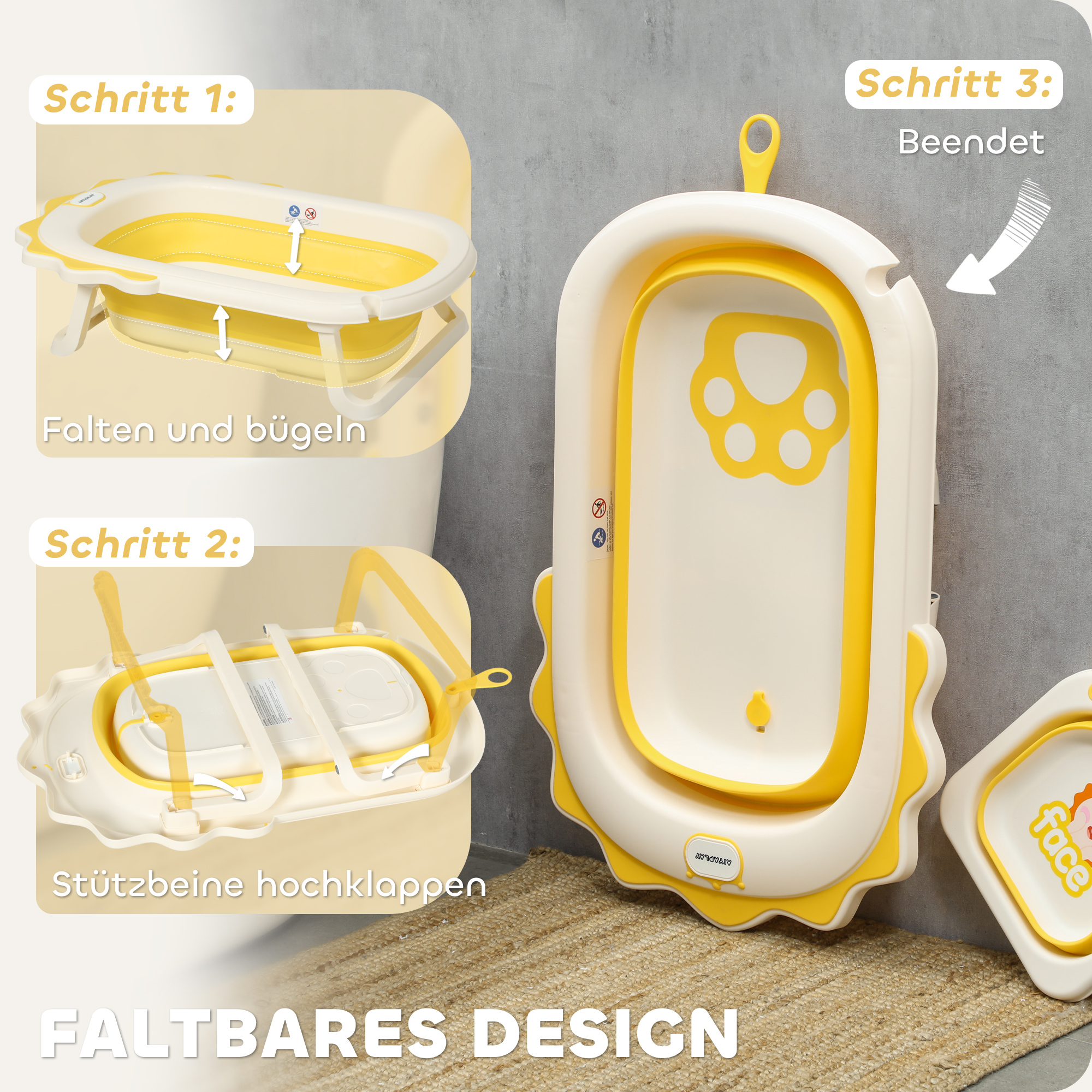 Babybadewanne mit Waschbecken, faltbar, rutschfester Boden, komfortables Badekissen, Gelb