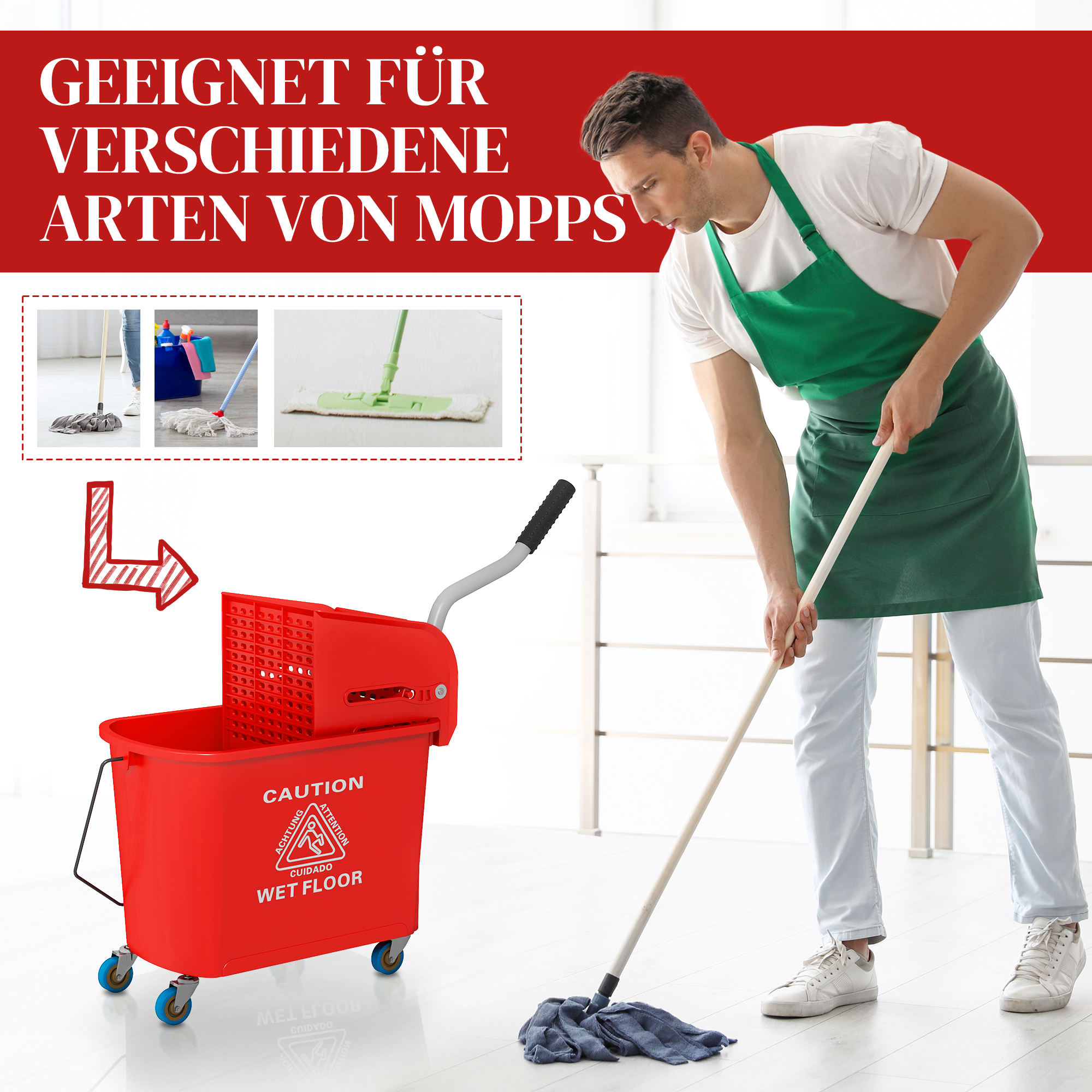 20l Mopp-Eimer mit Auswringer und Griff, Wischmopp-Eimer auf Rädern, Kunststoff, Rot