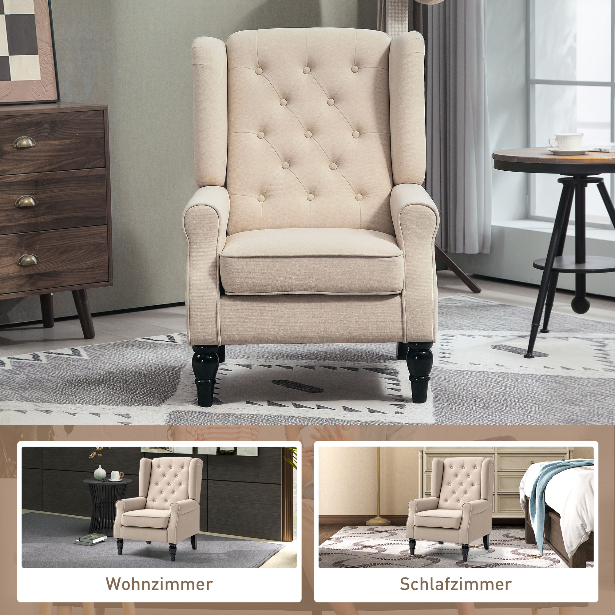 Eleganter Ohrensessel, dick gepolstert, abnehmbarer Bezug, 74 x 87 x 102 cm, Beige