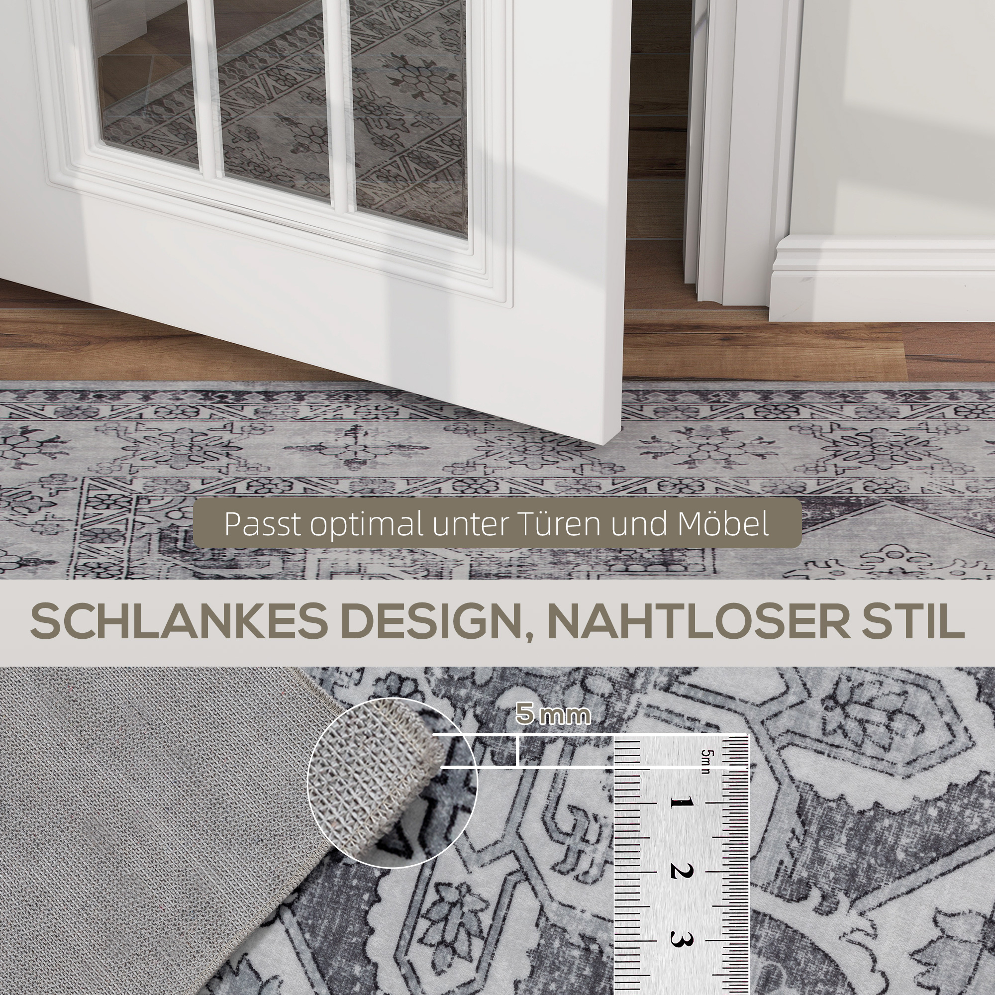 Teppich Maschinenwaschbar Anti-Rutsch Wohnzimmerteppich mit Flanell-Optik, 230 x 160cm, Grau