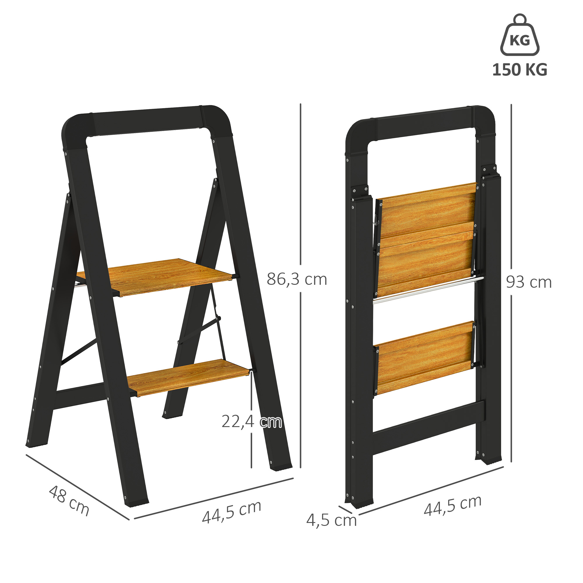 2-stufige Trittleiter, Metall, faltbar, rutschfeste Plattform, Schwarz