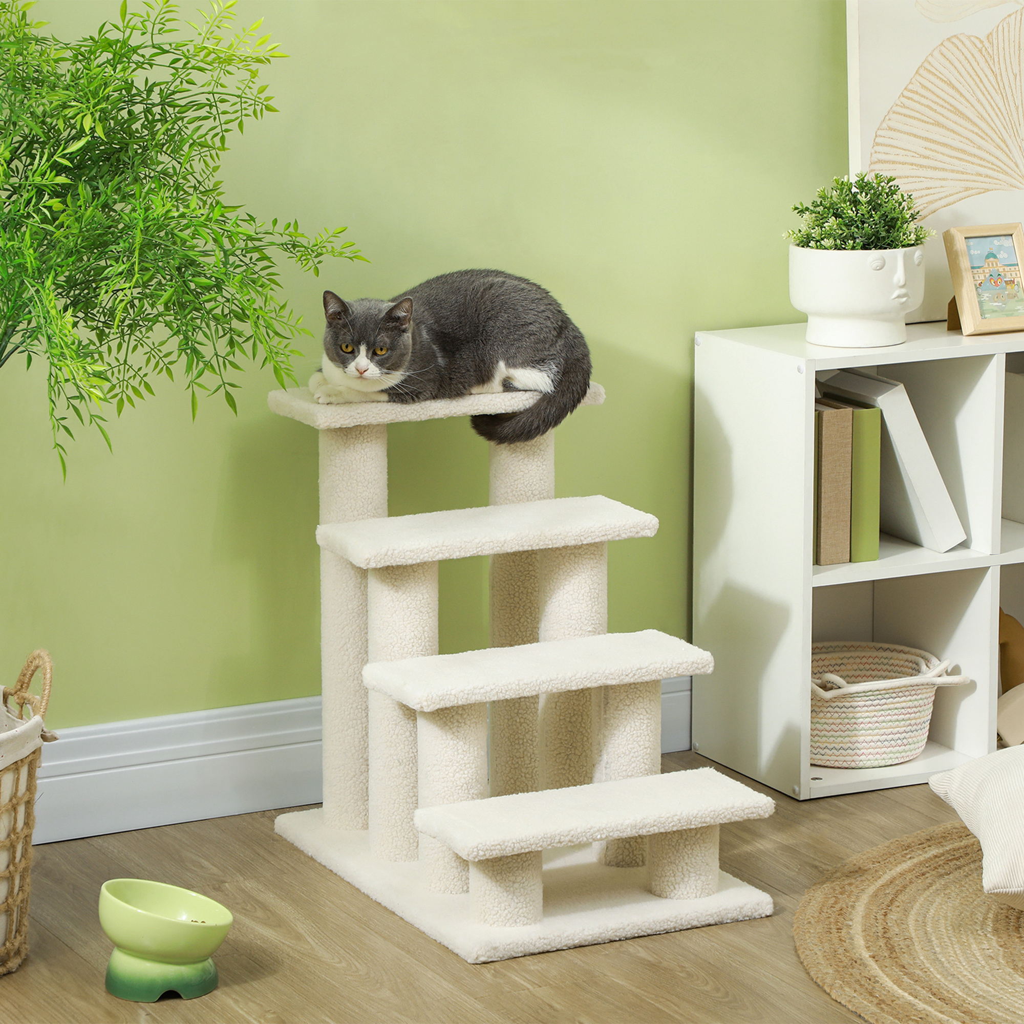 Tiertreppe Katzentreppe Hundetreppe Treppe für Katze und Hunde 4 Stufen Cremeweiß 63,5x43x60cm
