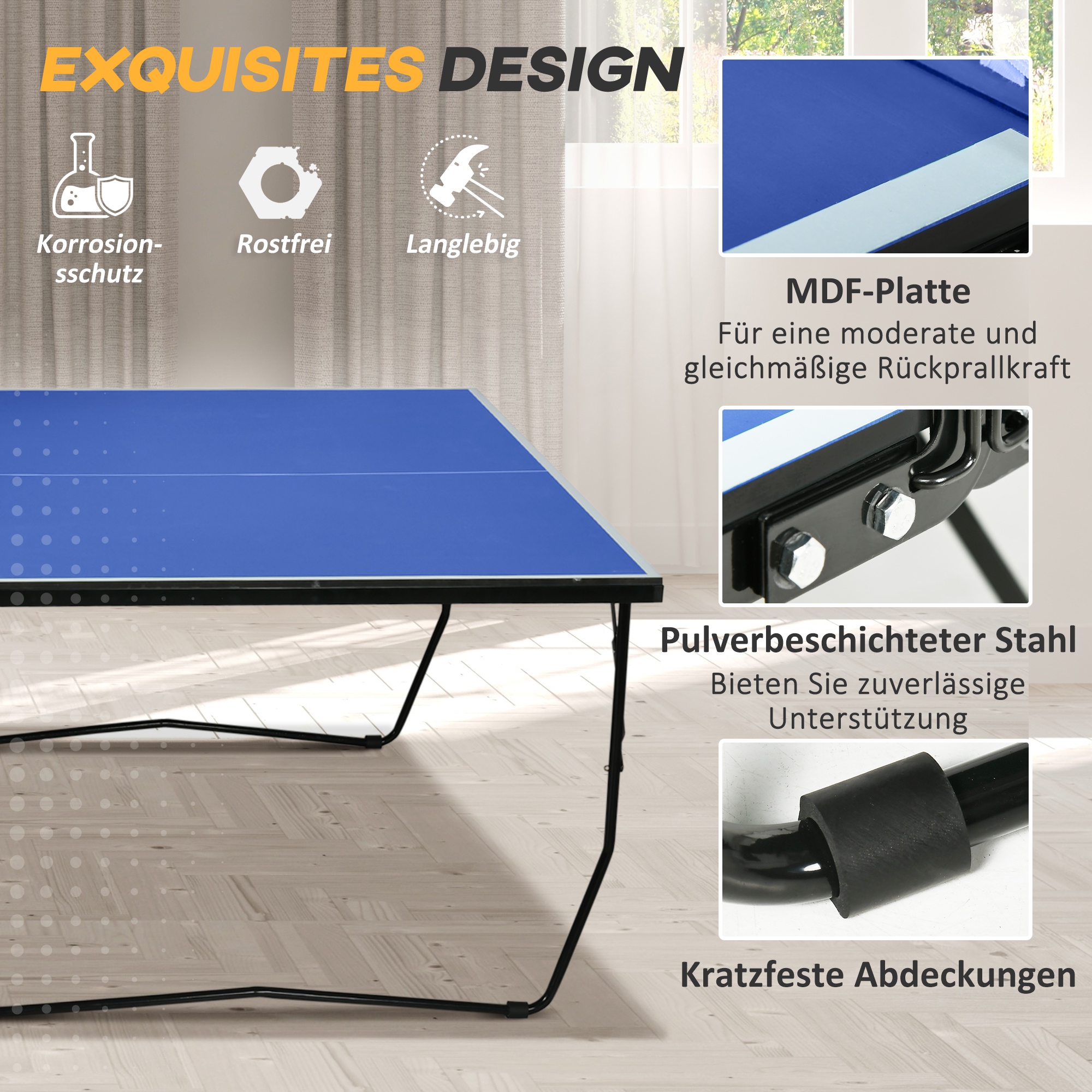 Tischtennisplatte, klappbar, 8 Räder, pulverbeschichteter Stahlrahmen, MDF, 274 x 152,5 x 76 cm, Blau