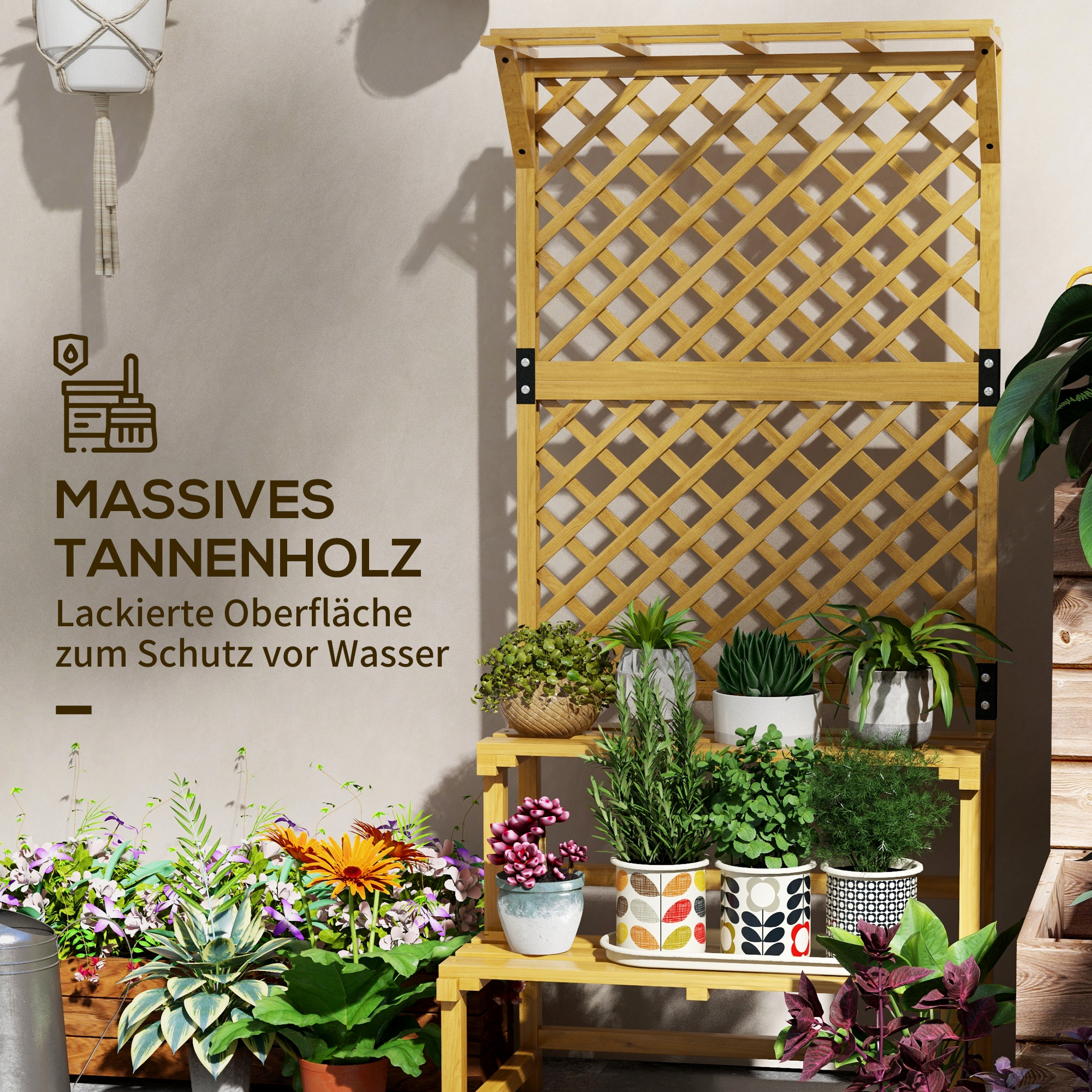Pflanzenständer, Blumenregal, 2 Etagen, mit Spalier & Dach, Tannenholz, 75x50x166cm, Gelb