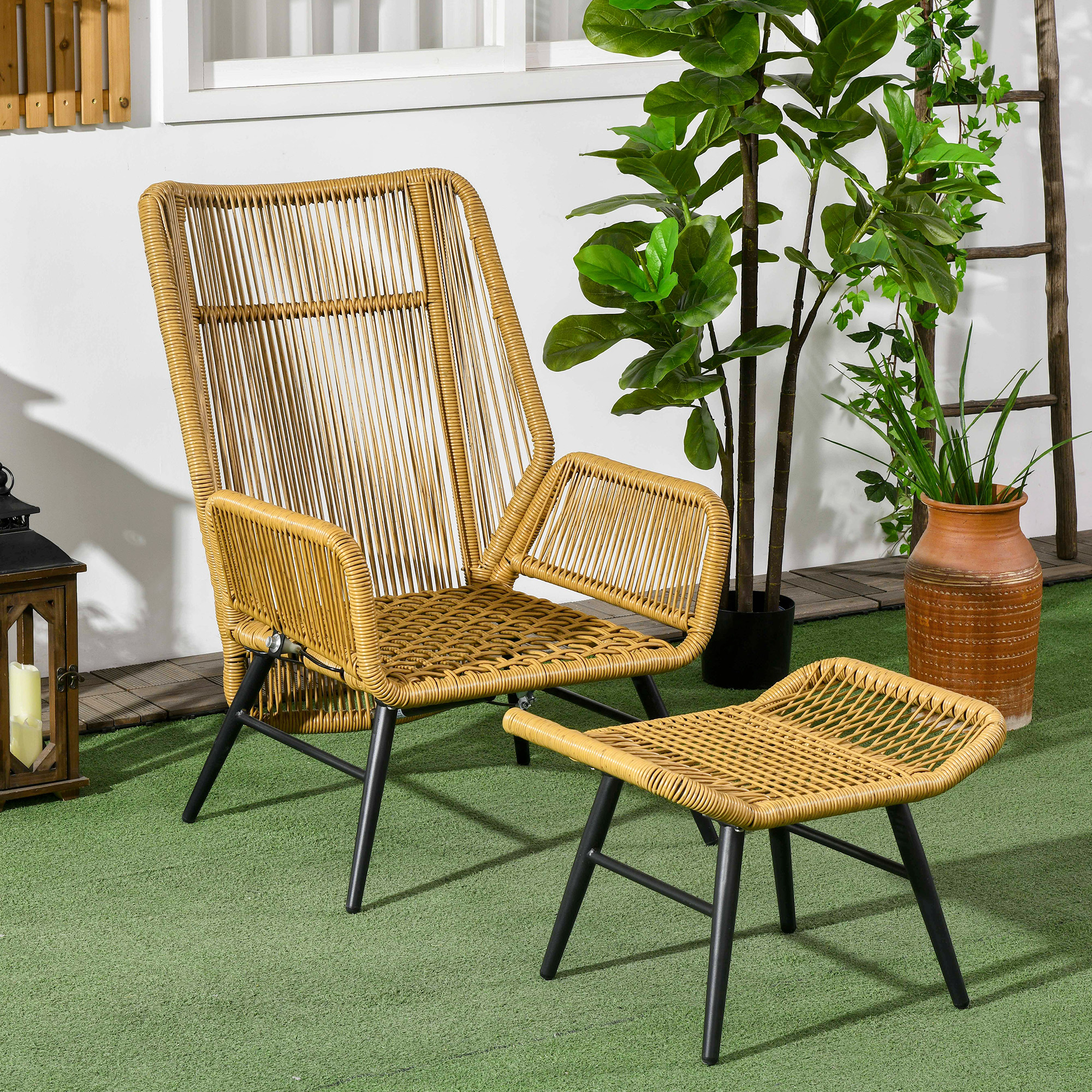 Polyrattan Gartenstuhl und Hocker, verstellbare Lehne, Hellbraun/Grau/Schwarz