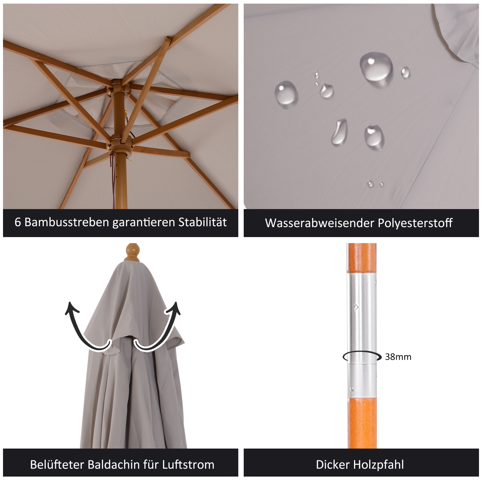 Sonnenschirm Ø 250 cm, Sonnenschirm mit Seilzugmechanismus Balkonschirm Strandschirm aus Bambus windfest Marktschirm Sonnenschutz für Balkon Terrasse Garten, Grau