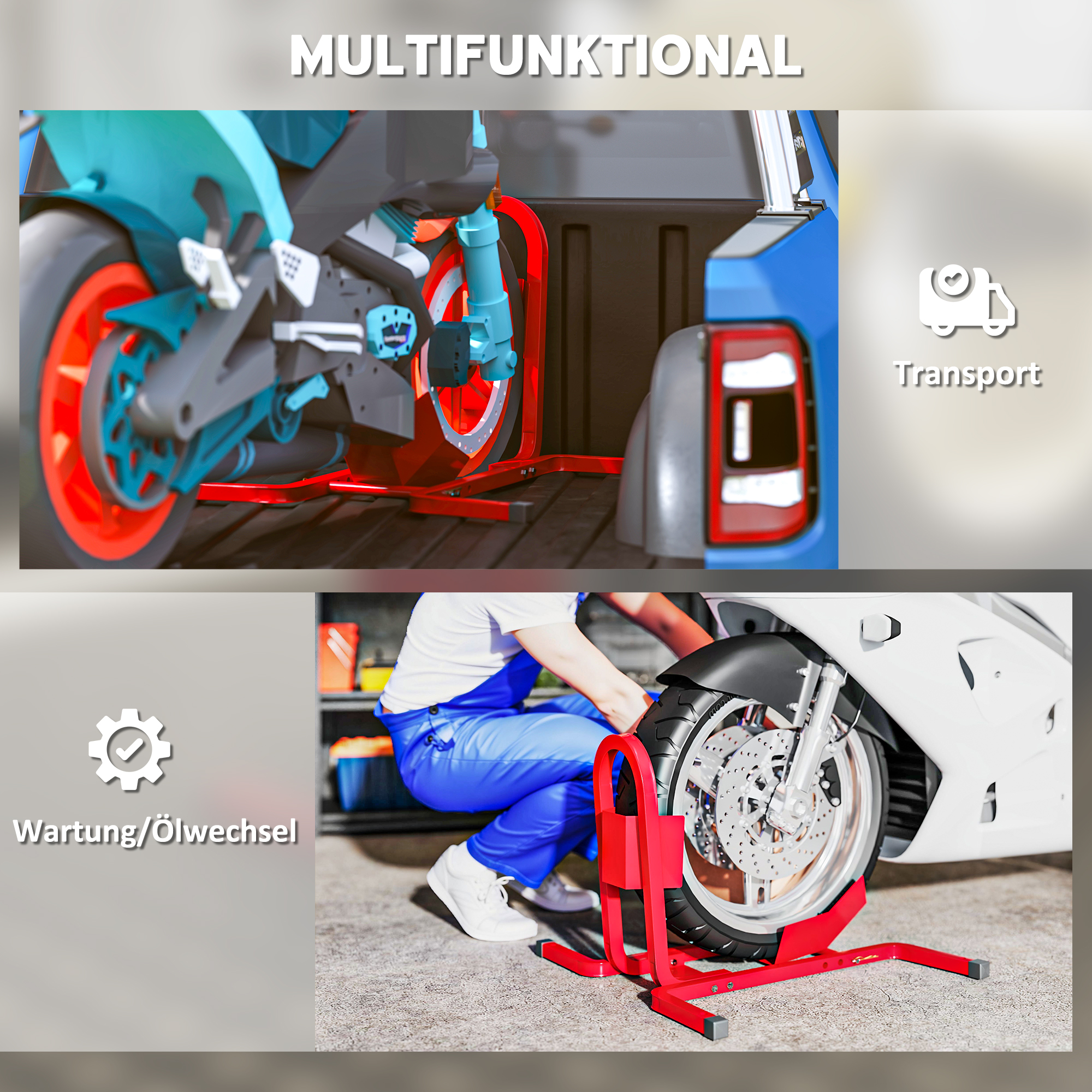 Motorradständer für 17-21", 430-530 mm Vorderrad, einstellbar, aus Metall Rot