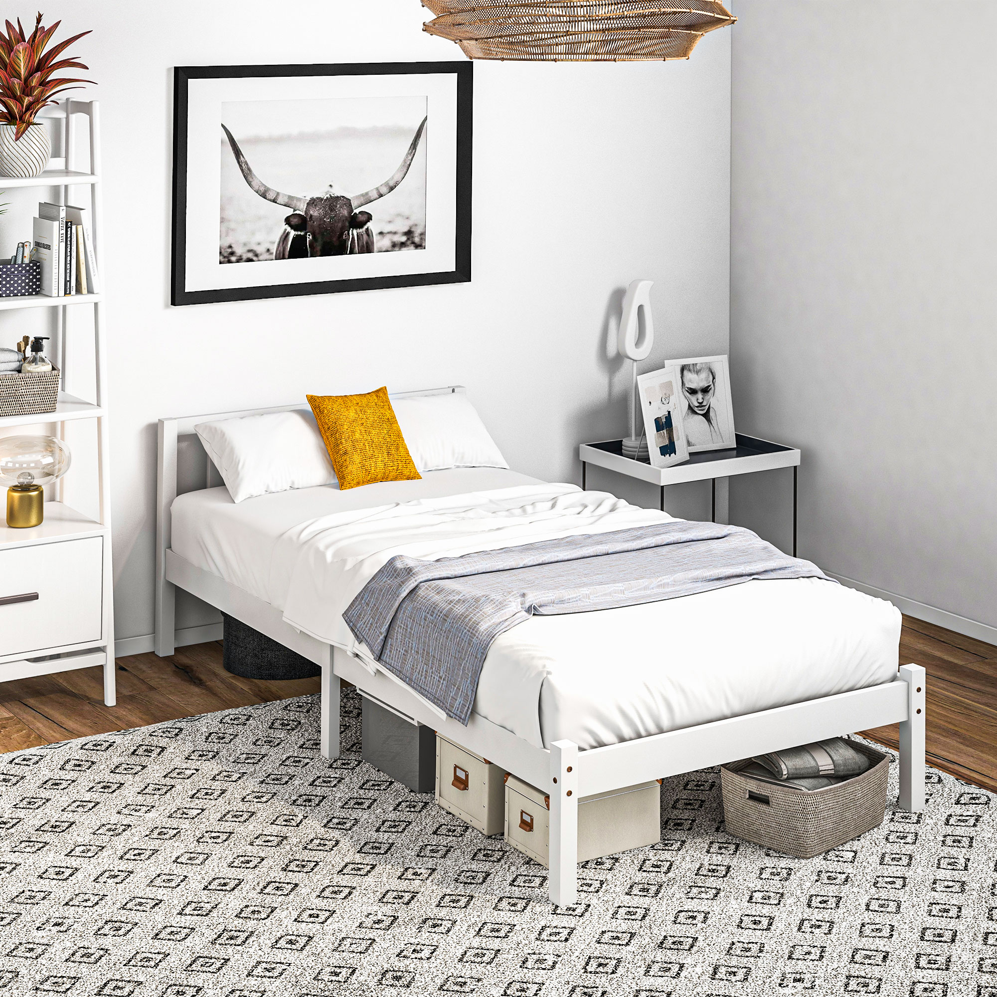 Einzelbettgestell, Kopfteil & Lattenrost, 26cm Freiraum unter Bett, Kiefernholz, 208x96x70 cm, Weiß