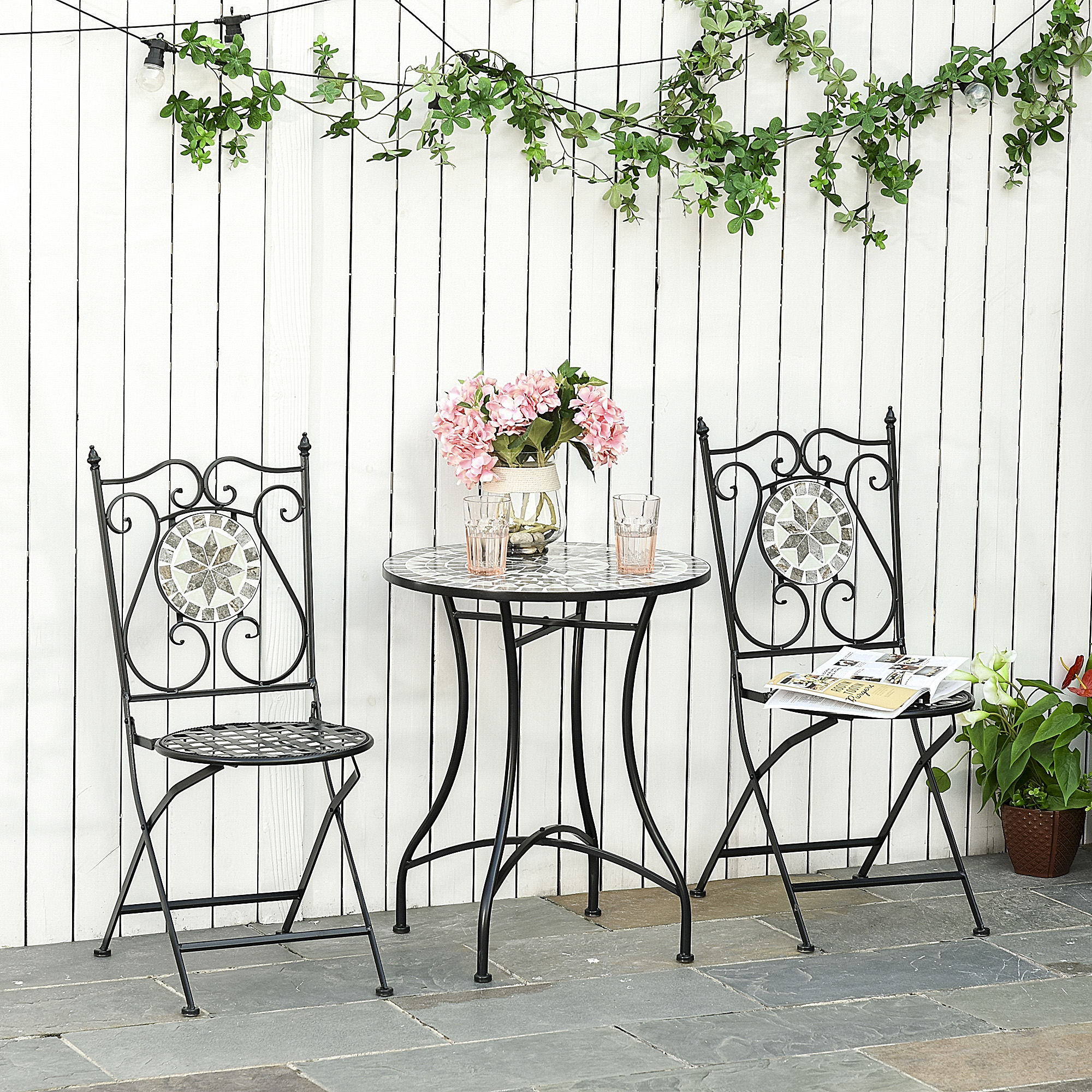 Garten Sitzgruppe für 2 Personen Balkonmöbel Set Mosaiktisch+faltbare Stühle Metall Keramikfliese Mehrfarbig