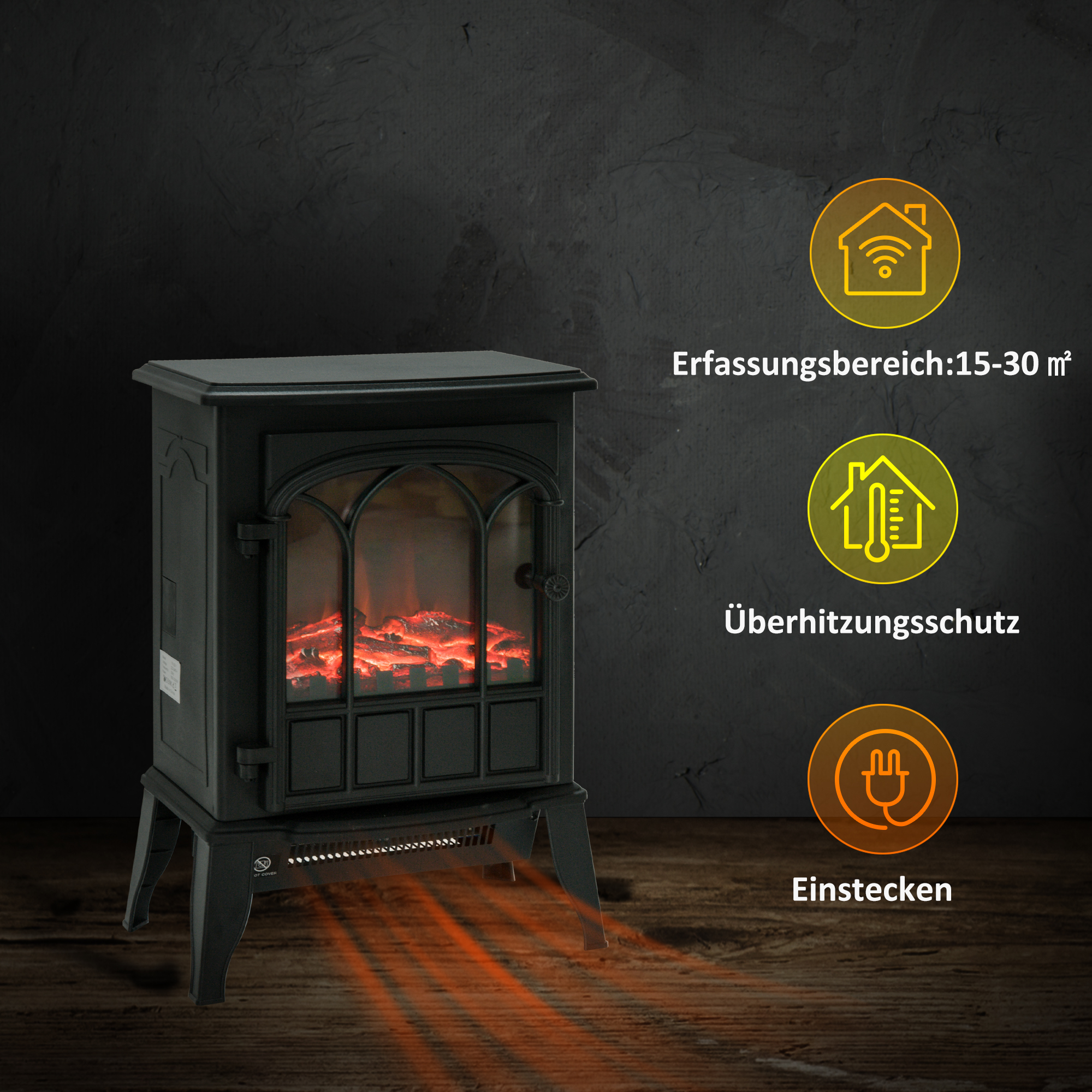 Elektrokamin, LED-Flammen, 1000/2000 W, regelbare Temperatur & Helligkeit, Metall, 39 x 23 x 56,5 cm
