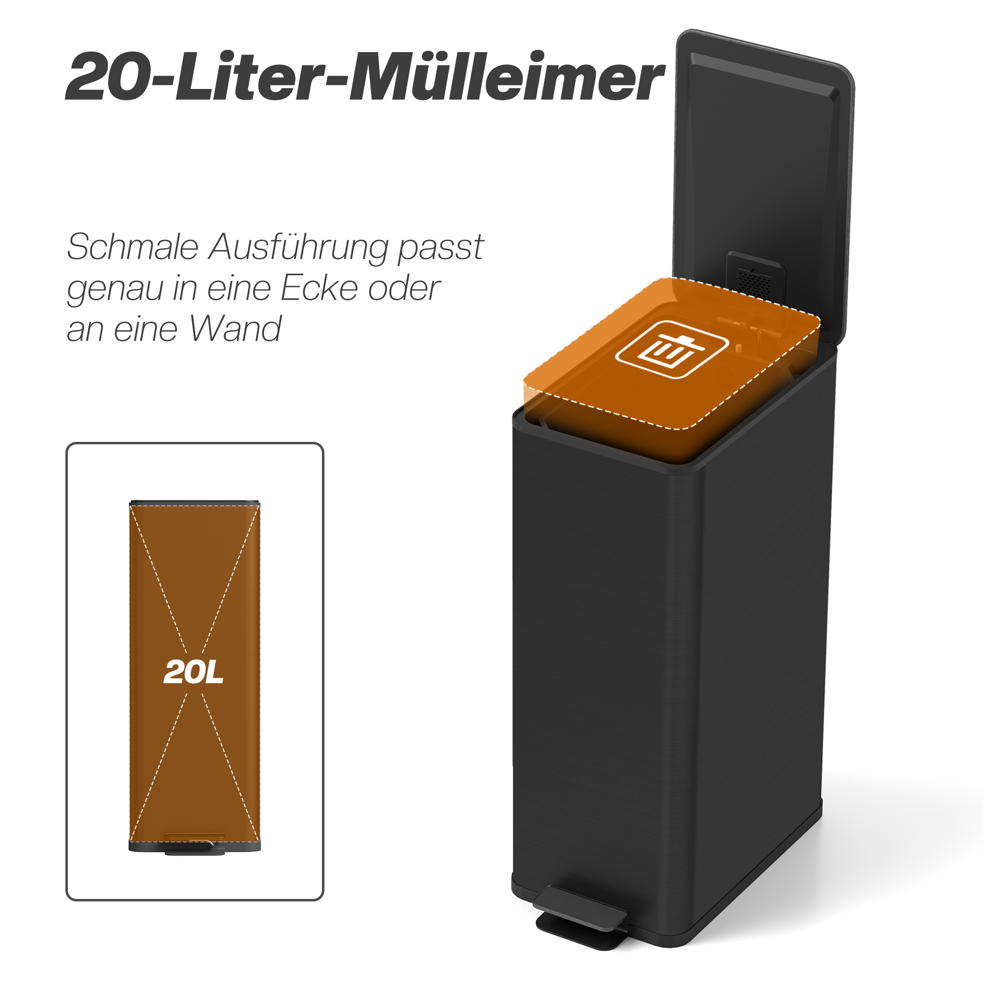 Mülleimer 20l, Soft-Close-Deckel, Deodorant-Fach, Fingerabdrucksicher, Edelstahl, Schwarz