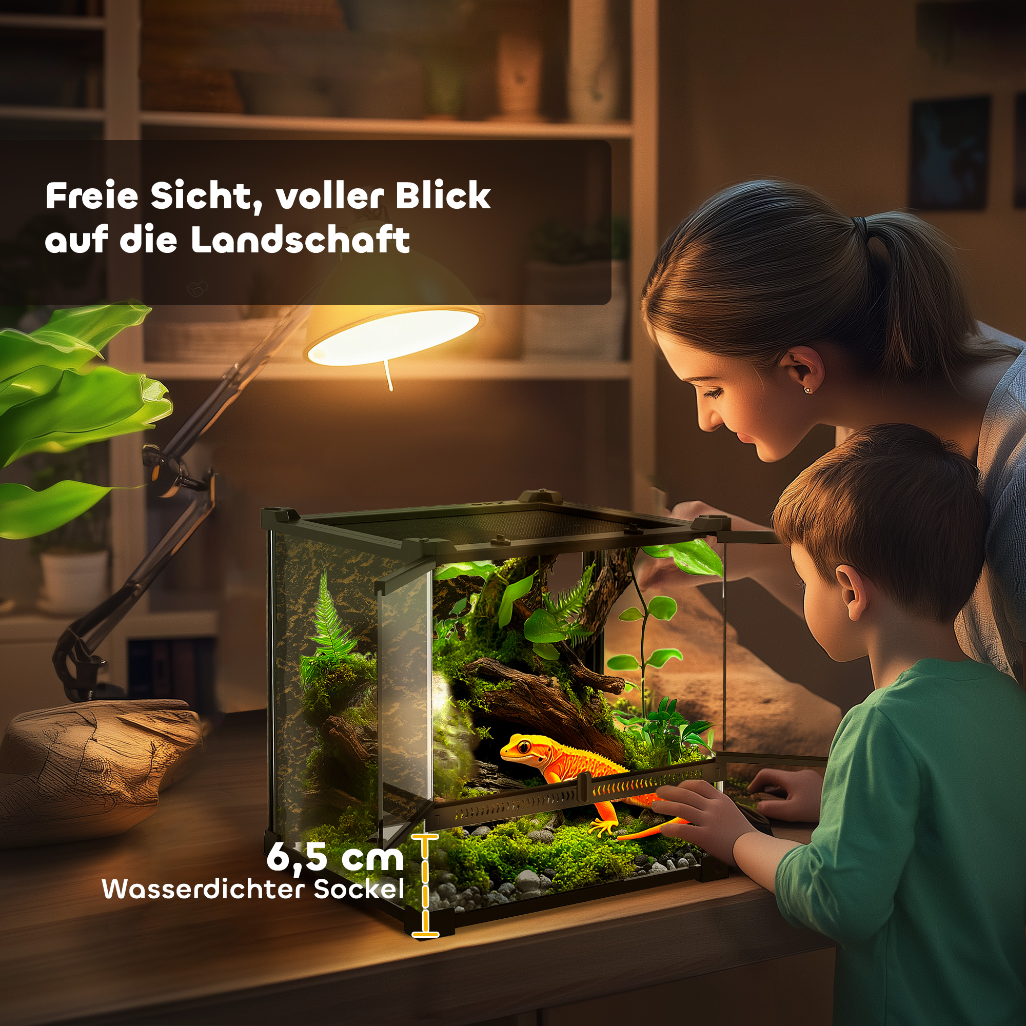 Glas-Terrarium für Reptilien, erhöhter & wasserdichter Boden, Knopfschloss