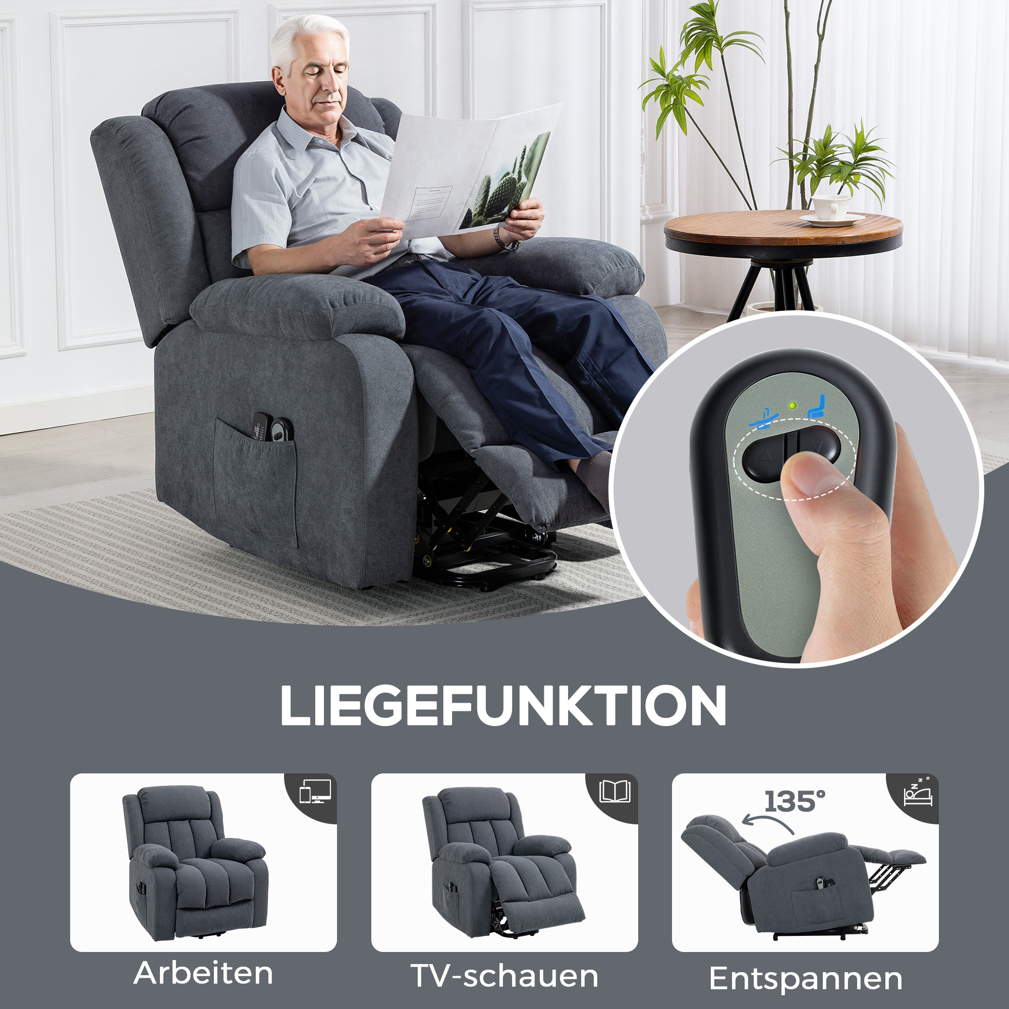 Fernsehsessel mit Aufstehhilfe Elektrisch Relaxsessel mit Liegefunktion, Massagefunktion, 93x91x103 cm, Dunkelgrau