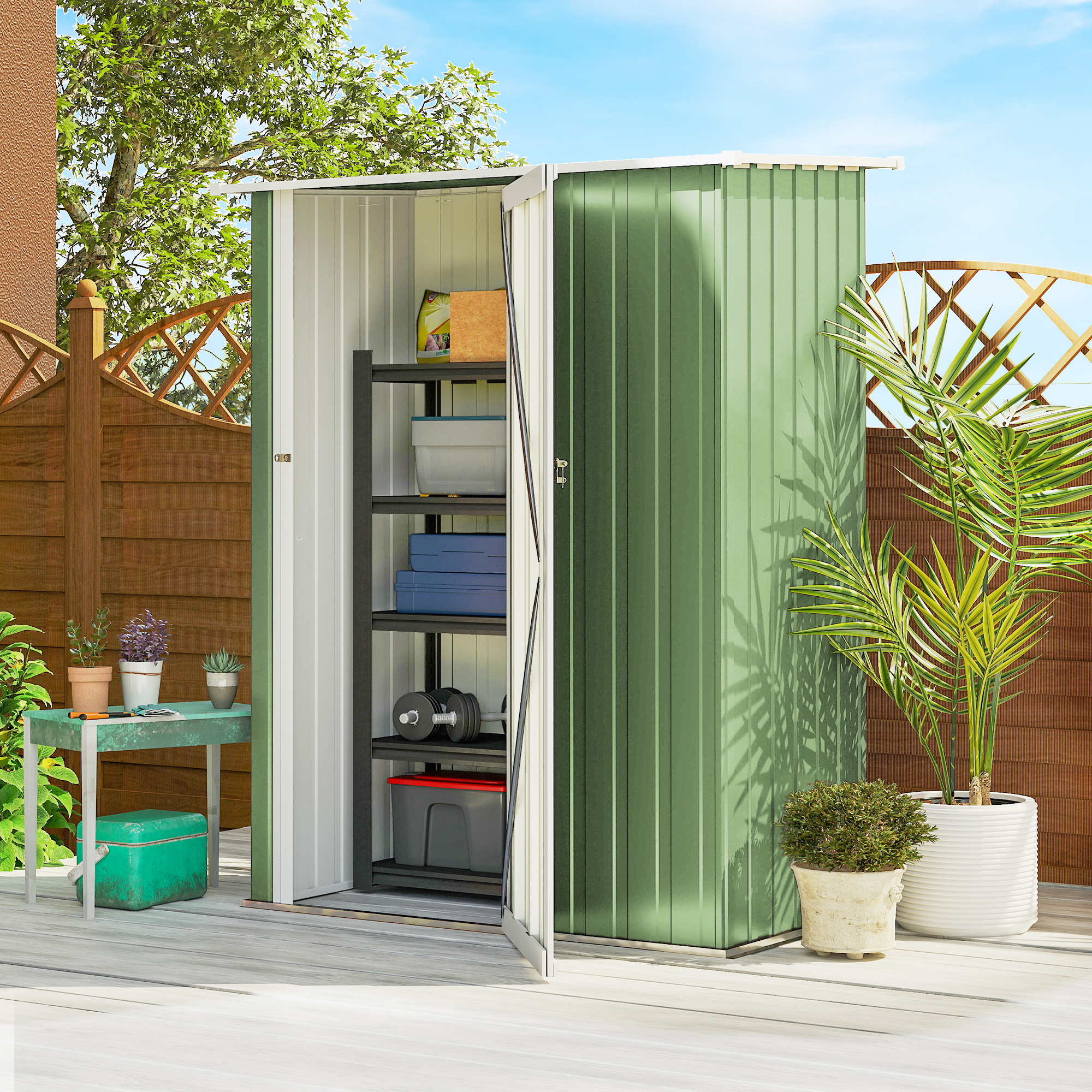 Metall Gerätehaus 1,07 m² 142 x 86 x 189 cm Geräteschuppen mit Pultdach Abschließbarer Tür, wetterfest Gartenhaus Outdoor Garten Schuppen für Hinterhof Außenbereich Grün