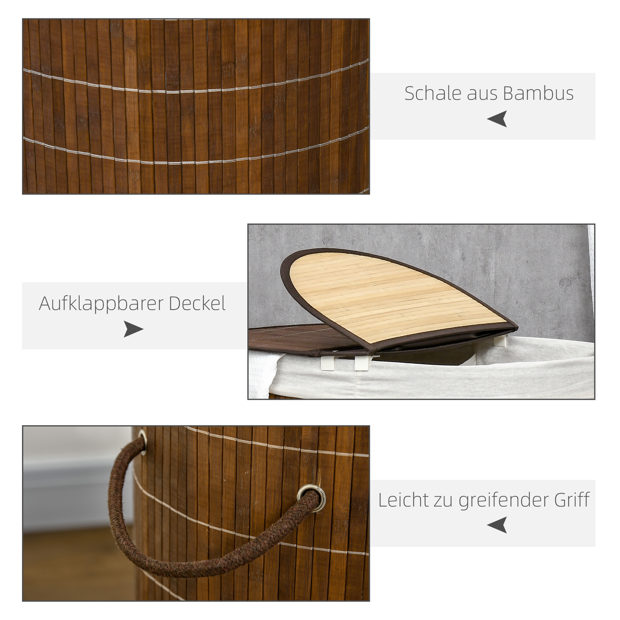 Wäschekorb Wäschesammler, 100L Fassungsvermögen, abnehmbarer Deckel, 38 cm x 38 cm x 57 cm, Braun