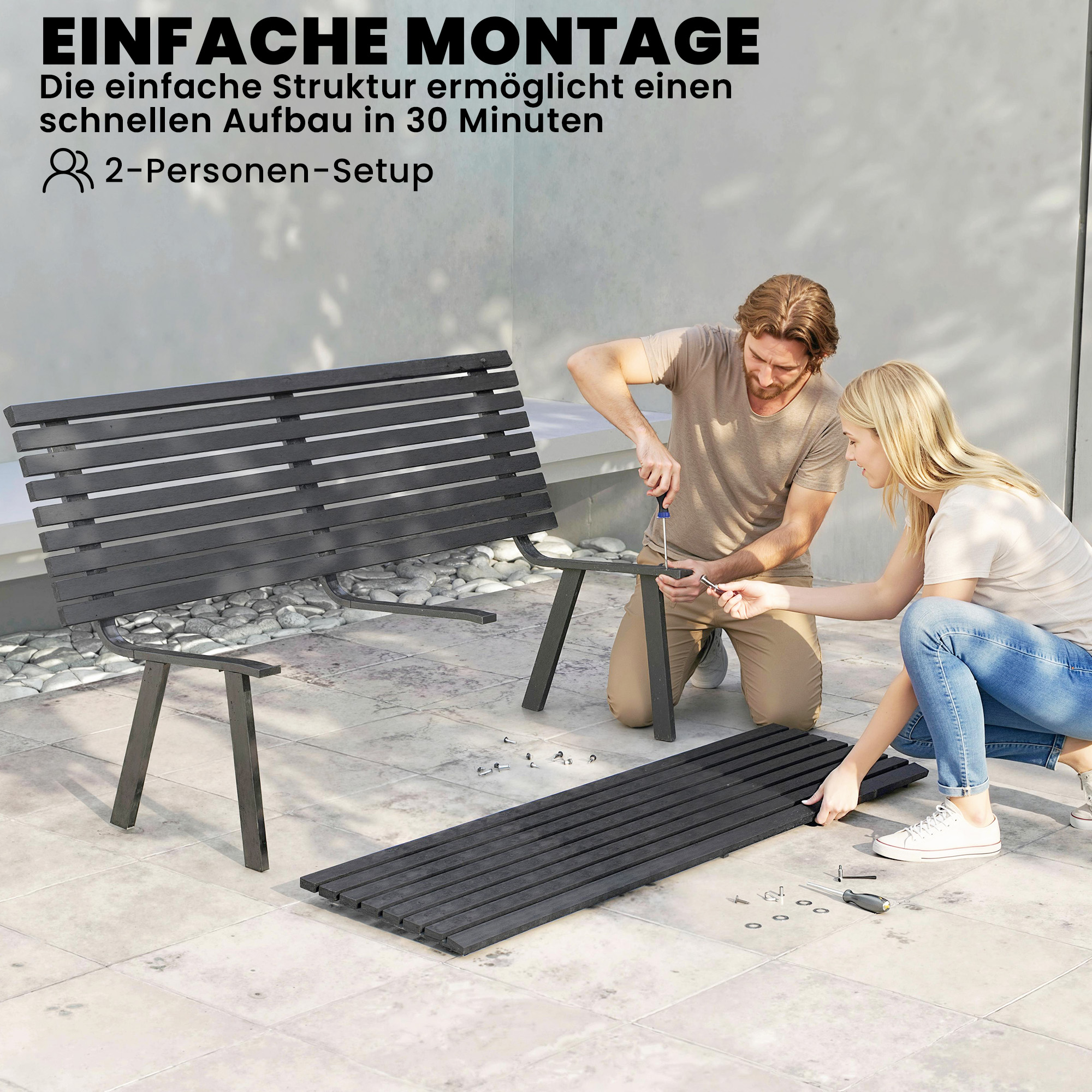 Gartenbank 3-Sitzer wetterfest Metall Outdoor Sitzbank mit breitem Sitz Lamellendesign, bis 240 kg 154 x 68 x 88 cm