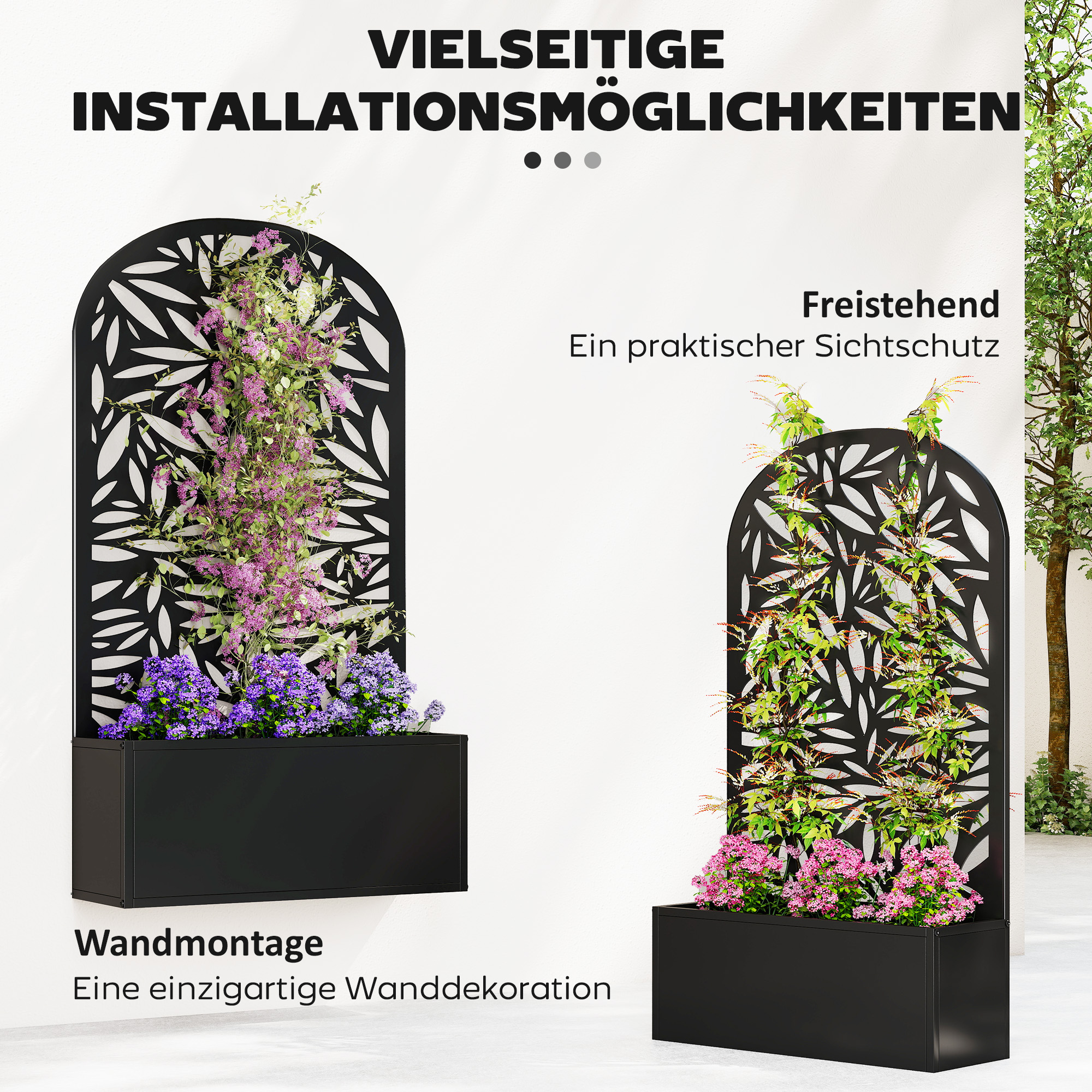Hochbeet aus Metall mit Rankgitter, Wandmontage oder freistehender Pflanzkasten mit Sichtschutz