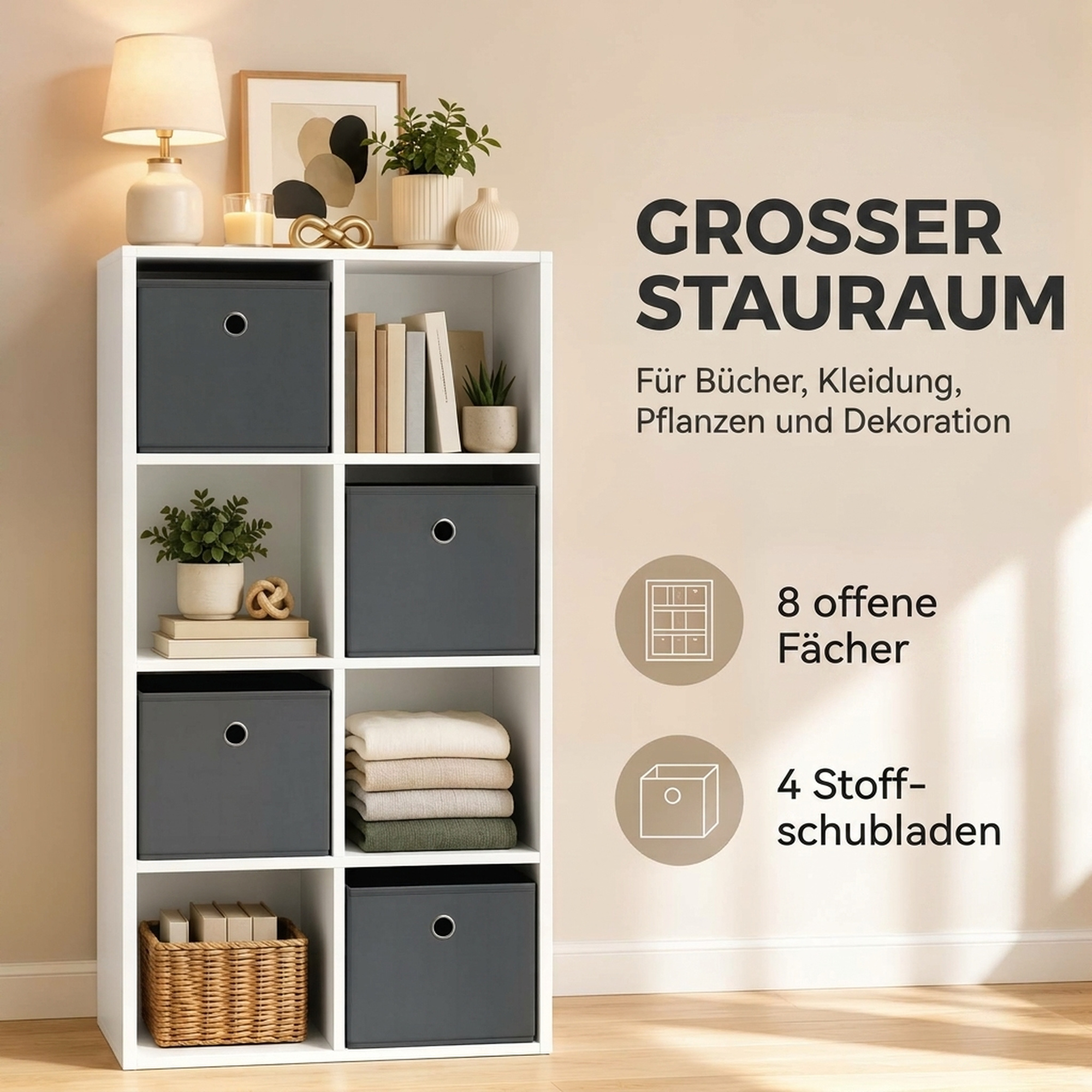 Regal mit 8 Fächern und 4 Stoffschubladen, Aufbewahrungsregal, vielseitig, Grau