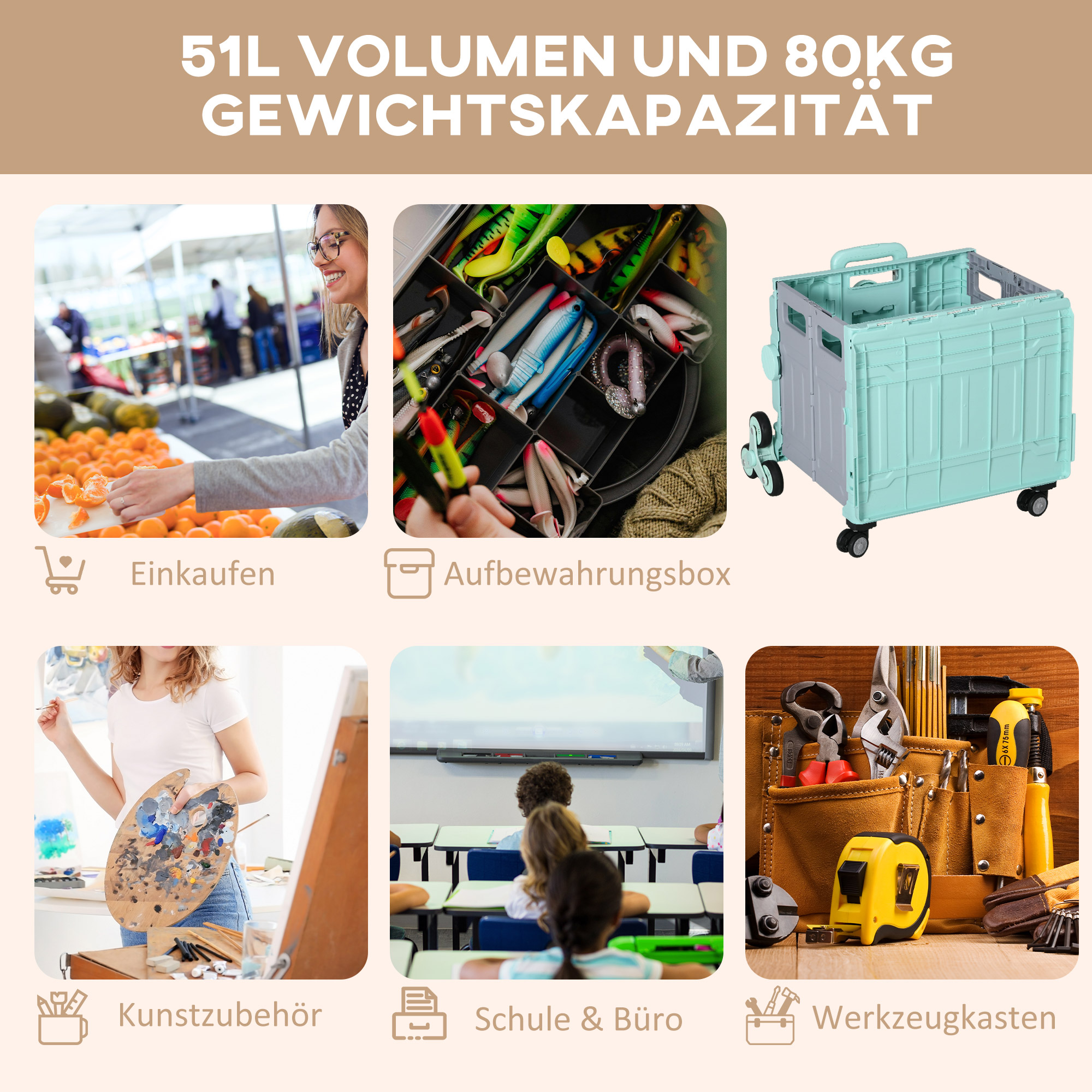 Einkaufswagen Einkaufstrolley, Treppensteiger,  klappbar, Teleskopgriff, bis max, 65 Kilo belastbar, Grün