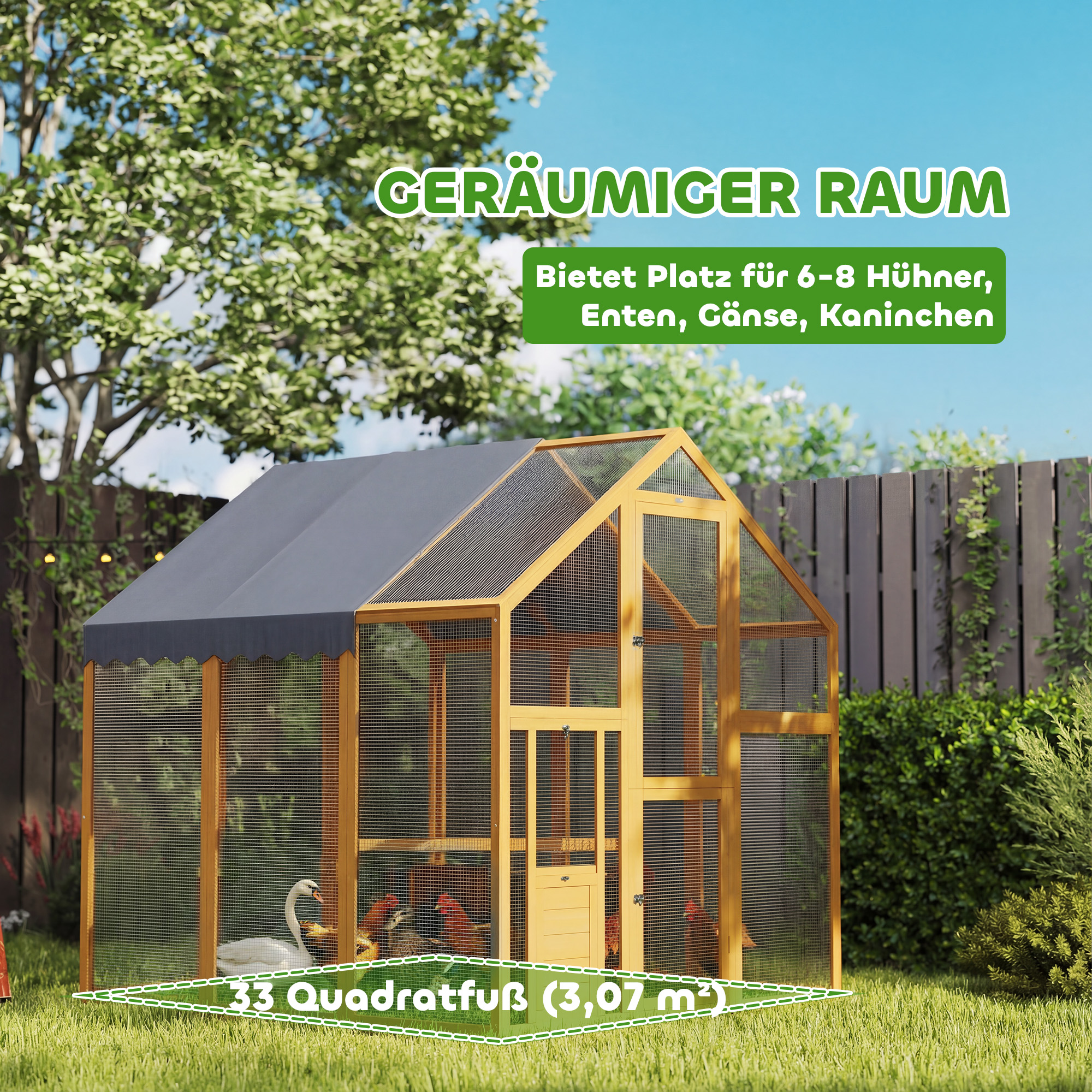 Hühnerstall 3,07㎡ Freilaufgehege Holz mit wasserdichtem Tuch, Sicherheitsschloss, für 6-8 Hühner 1,7 x 1,8 x 1,8 m
