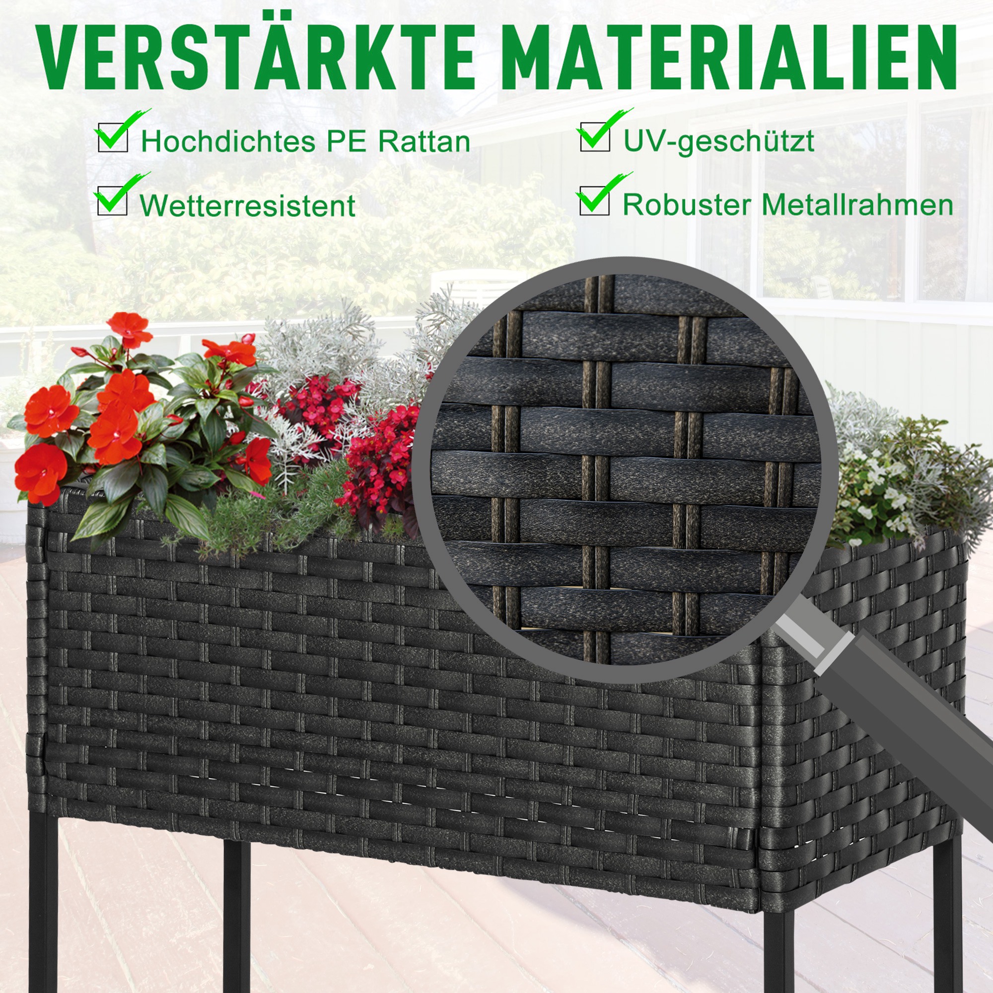 Hochbeet, Blumenkasten, tiefe Ablage, Metallrahmen/Polyrattan, 70 x 30 x 70 cm, Dunkelbraun