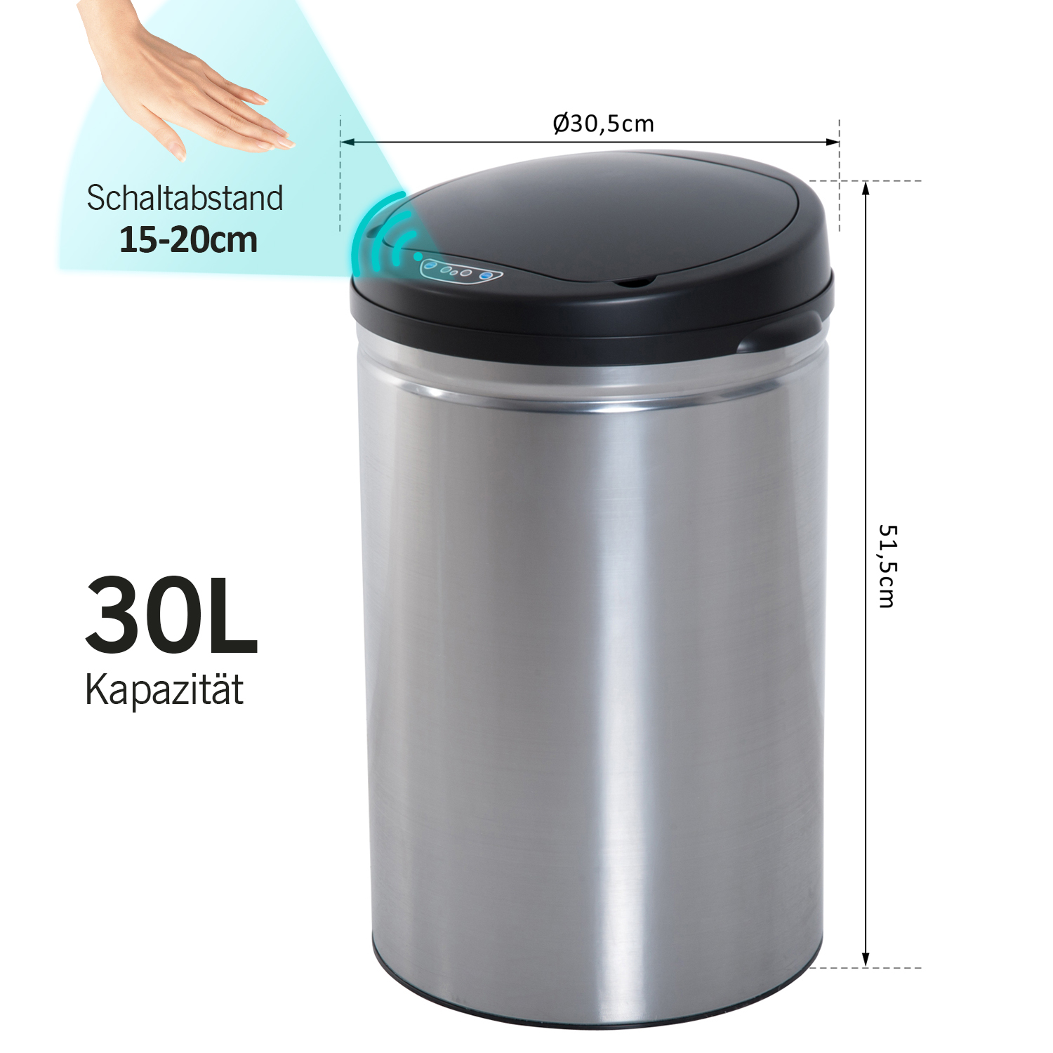 Sensor Mülleimer 30L Automatischer Mülleimer mit Soft-Close-Deckel, Bewegungssensor, Wasserdichter Abfalleimer Müllbehälter Abfallbehälter für Büro, Schlafzimmer, Küchen Schwarz+Silber
