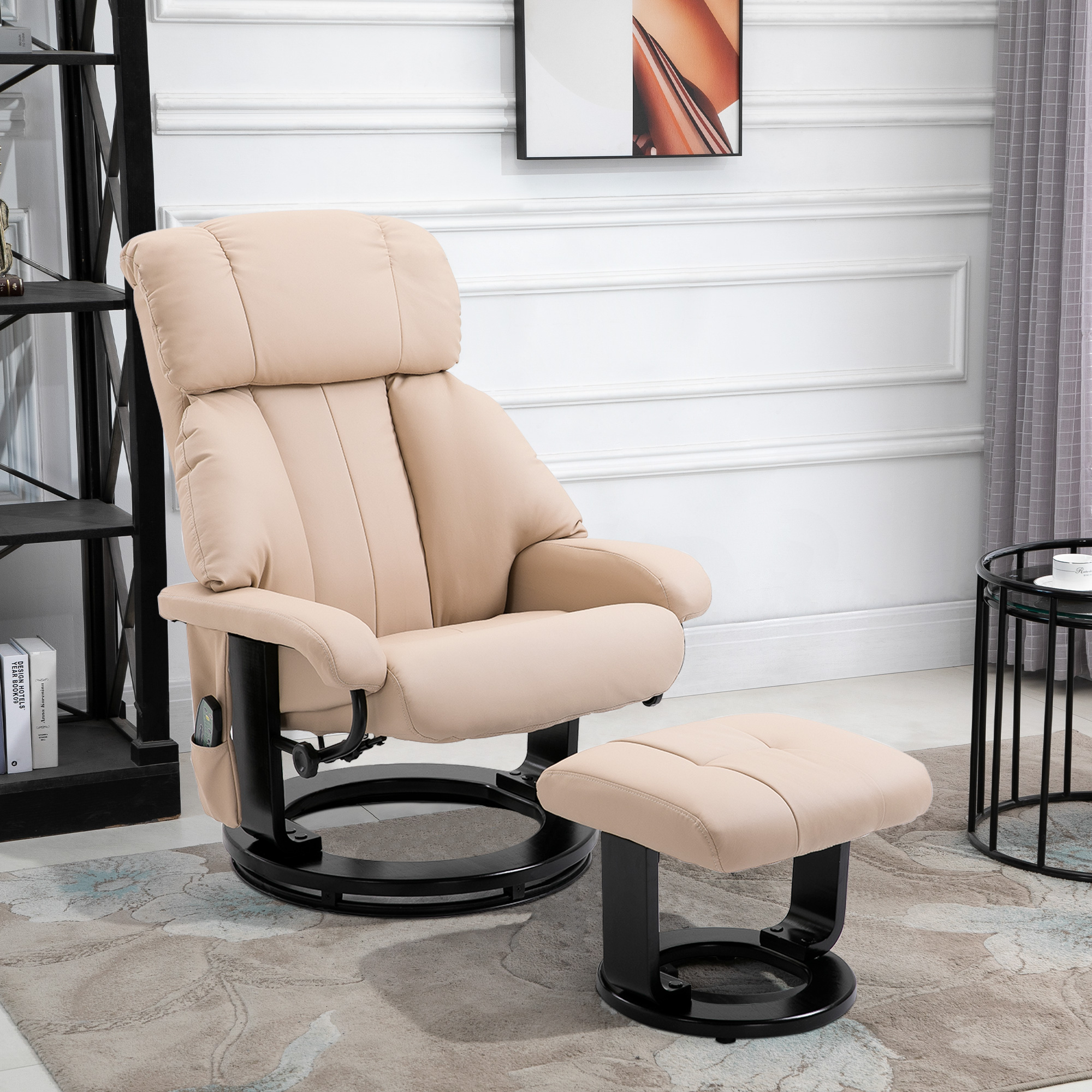 Relaxsessel mit Hocker, drehbarer Fernsehsessel mit Massagefunktion, Liegefunktion, Massagesessel mit Fernbedienung, Seitentasche, Ruhesessel aus Kunstleder für Wohnzimmer Cremeweiß