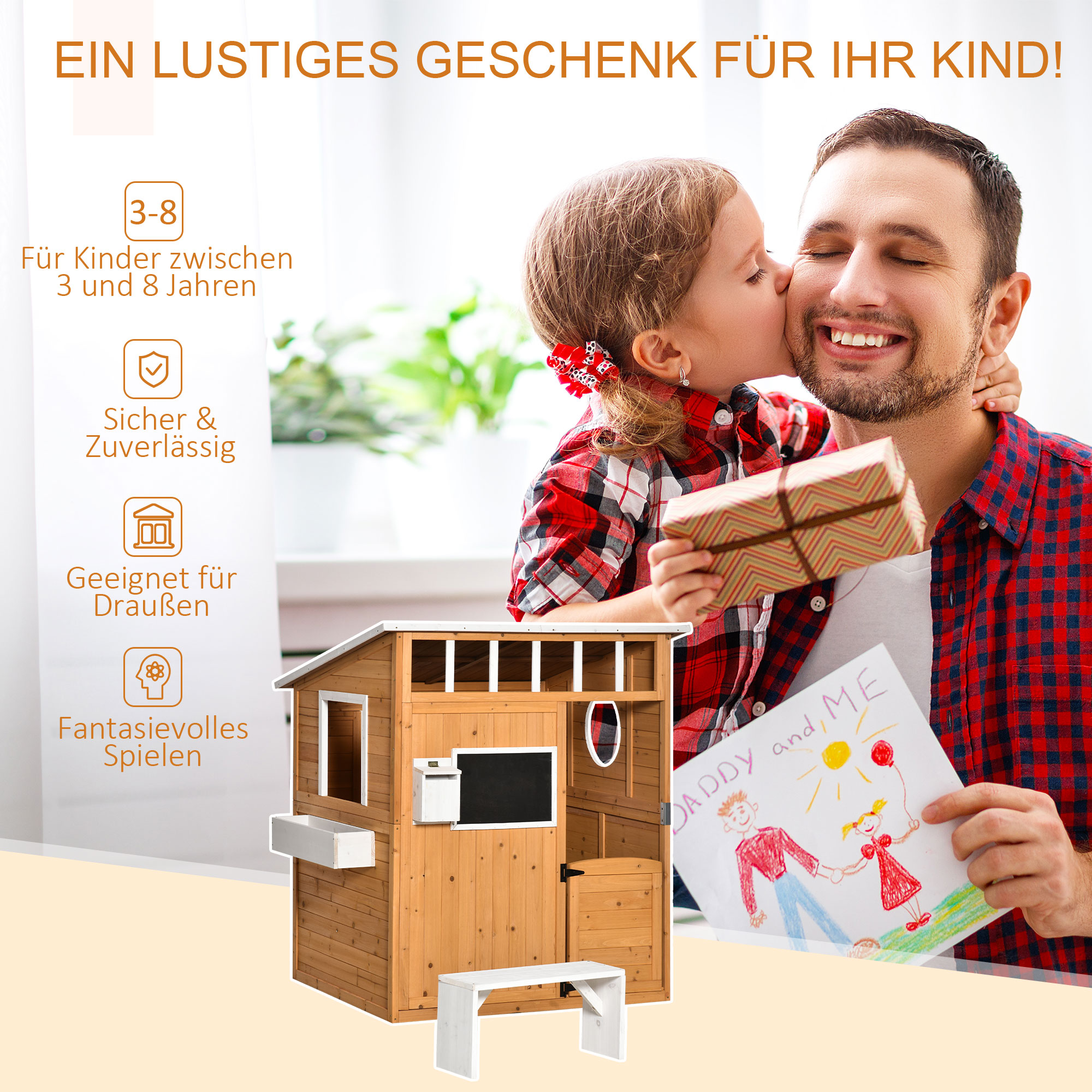 Kinderspielhaus aus Naturholz, mit Briefkasten und Blumenkasten, Natur