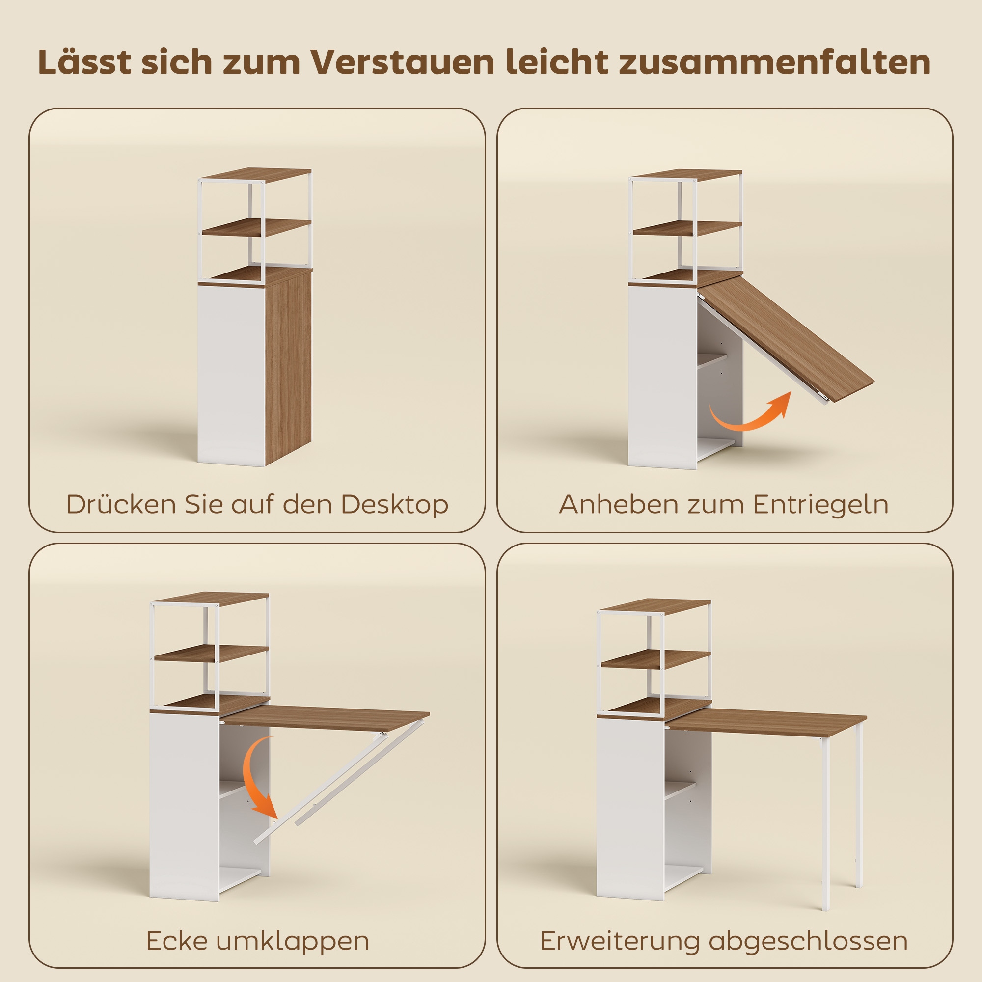 Schreibtisch Klappbar Küchentisch mit 4 Regal Computertisch Arbeitstisch Laptoptisch 105 x 60 x 127 cm Naturholz