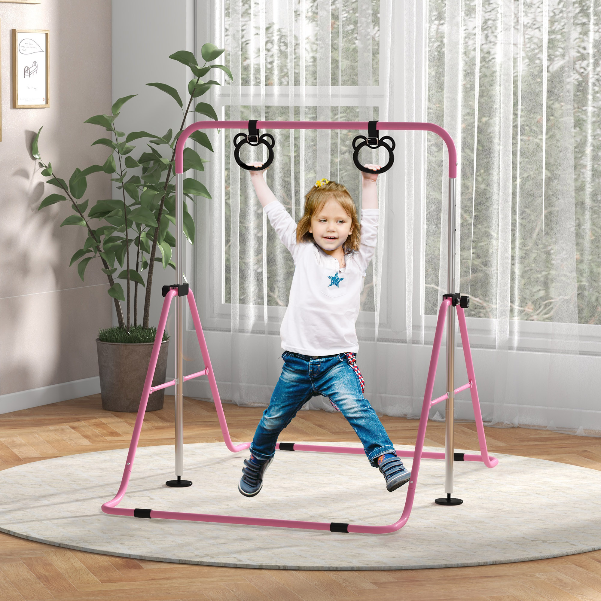 Kinder-Turnbarren mit Ringen, höhenverstellbar, klappbar, rutschfest, Stahlrahmen, 148x105x88-128 cm, Pink
