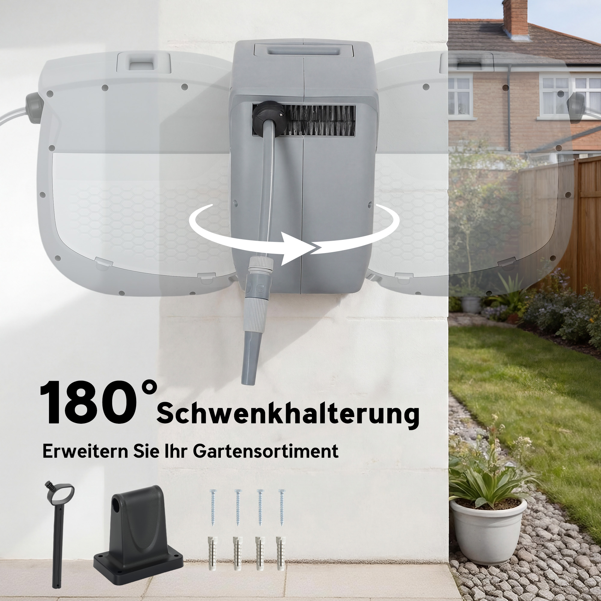 Schlauchtrommel mit Gartenschlauch 30 m, 180° schwenkbar Schlauchbox mit automatische Aufrollung Selbstverriegelung