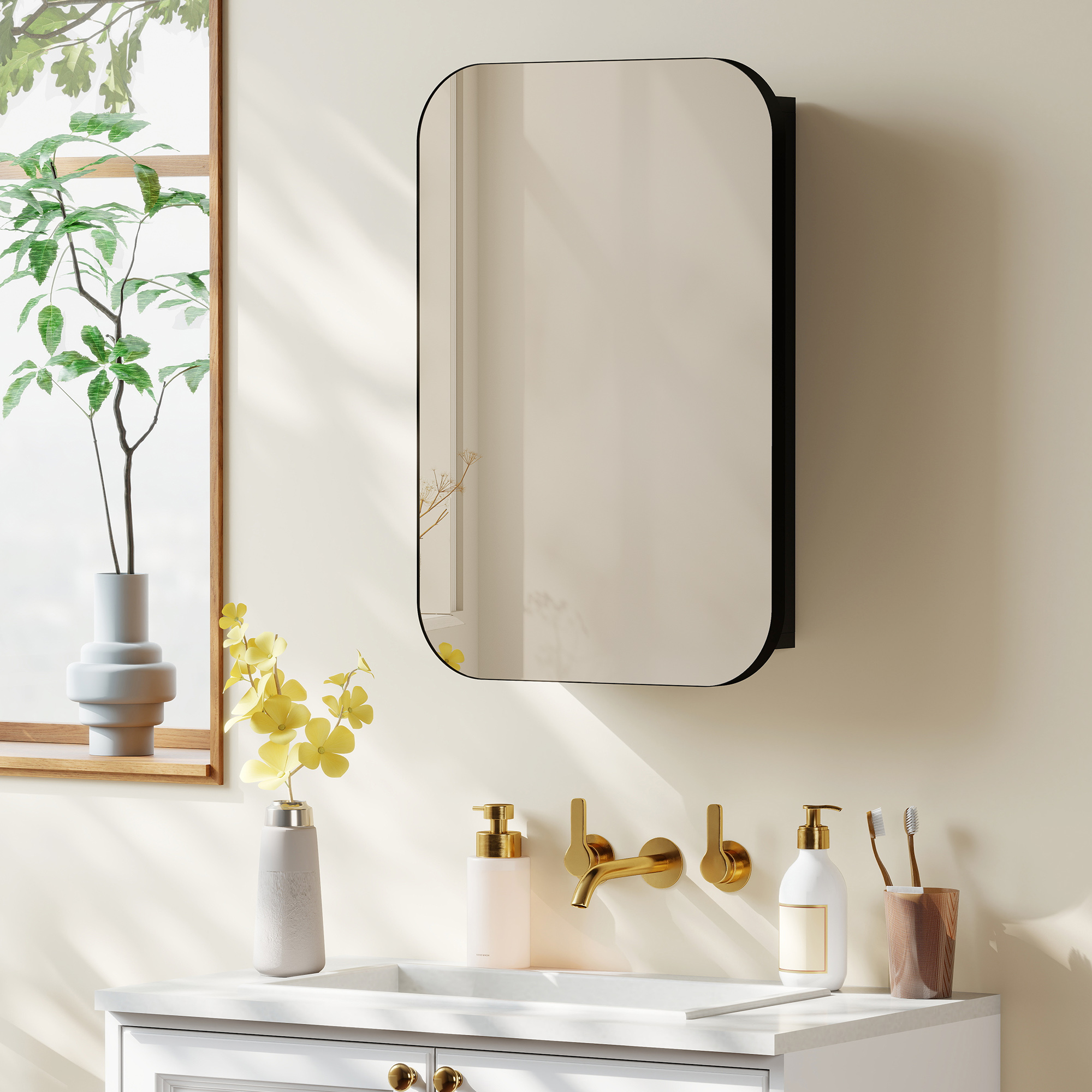 Spiegelschrank Bad, Badezimmerschrank mit Spiegel, Hängeschrank mit Verstellbarem Regal, 40 x 10 x 60 cm, Schwarz
