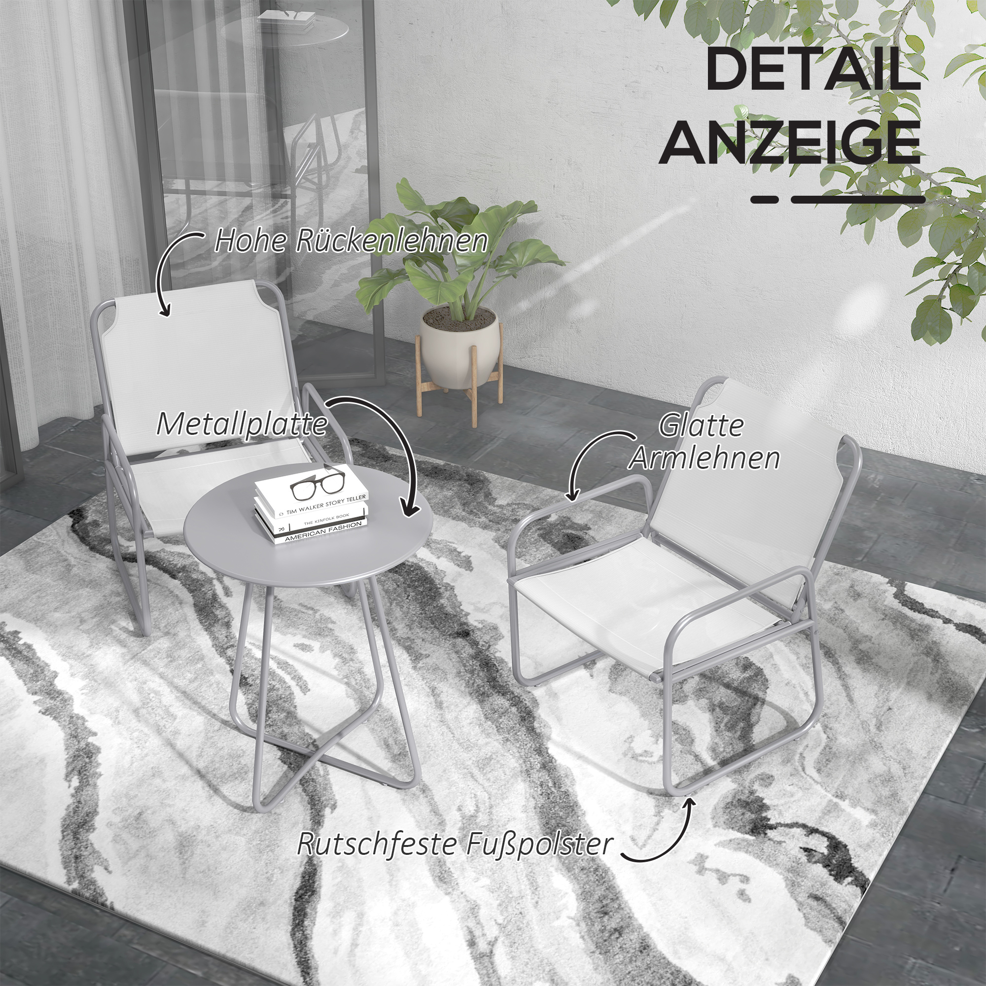 3-teiliges Gartenmöbelset, 2 Stühle mit atmungsaktivem Stoffbezug, 1 runder Tisch Ø60 cm, Hellgrau