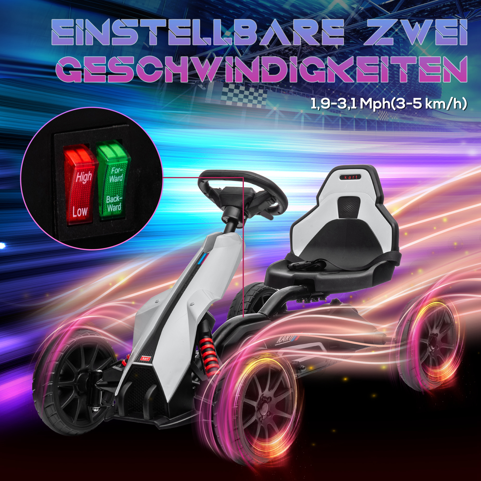Go-Kart für Kinder, Elektro-Kart, bis 5 km/h, Sicherheitsgurt, Sitz mit Rückenlehne, Kunststoff, Metall, Weiß