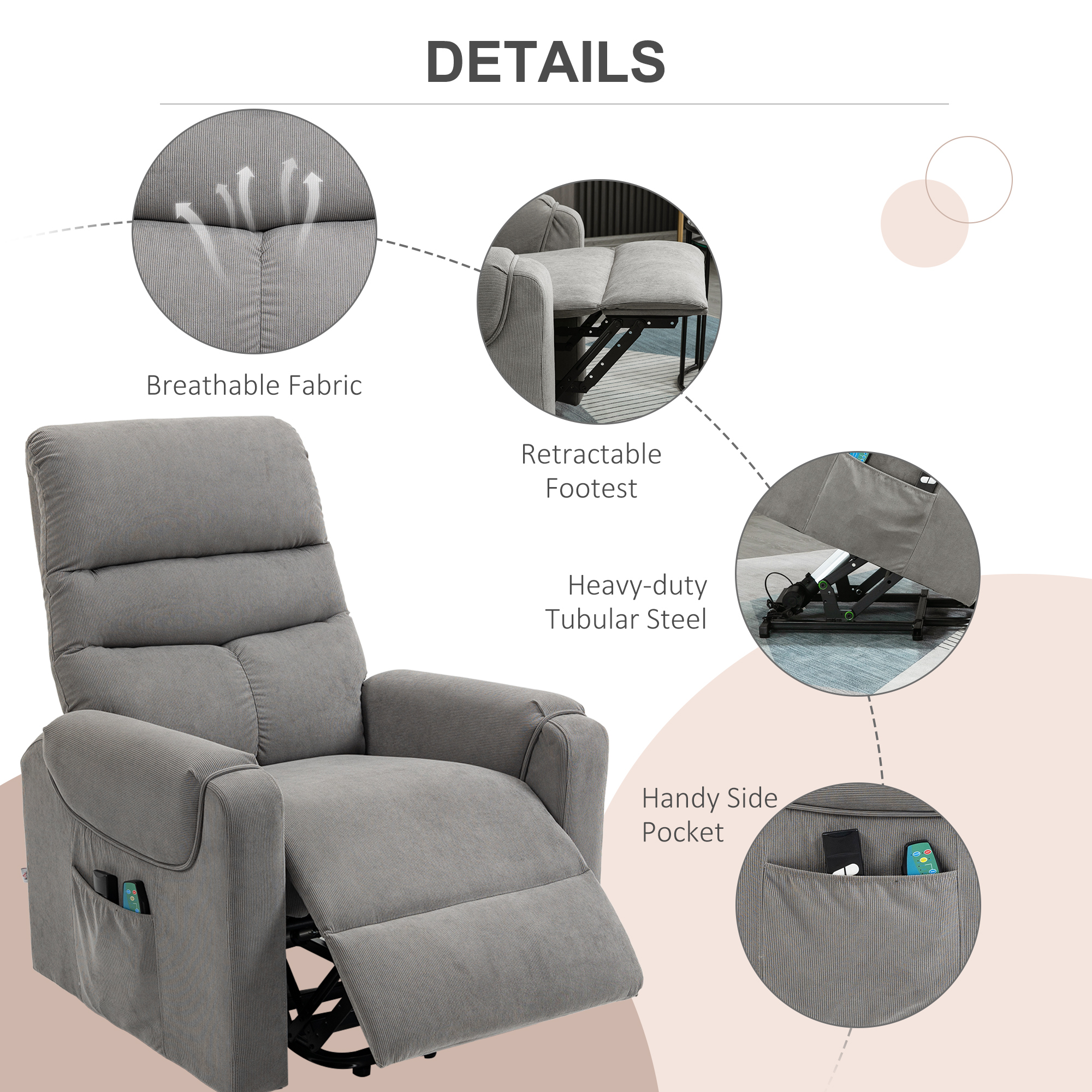 Fernsehsessel mit Aufstehhilfe Elektrisch, Massagesessel mit Liegefunktion und Wärmefunktion, Relaxsessel mit Fernbedienung und Seitentasche Verstellbar Polyester-Gewebe Dunkelgrau