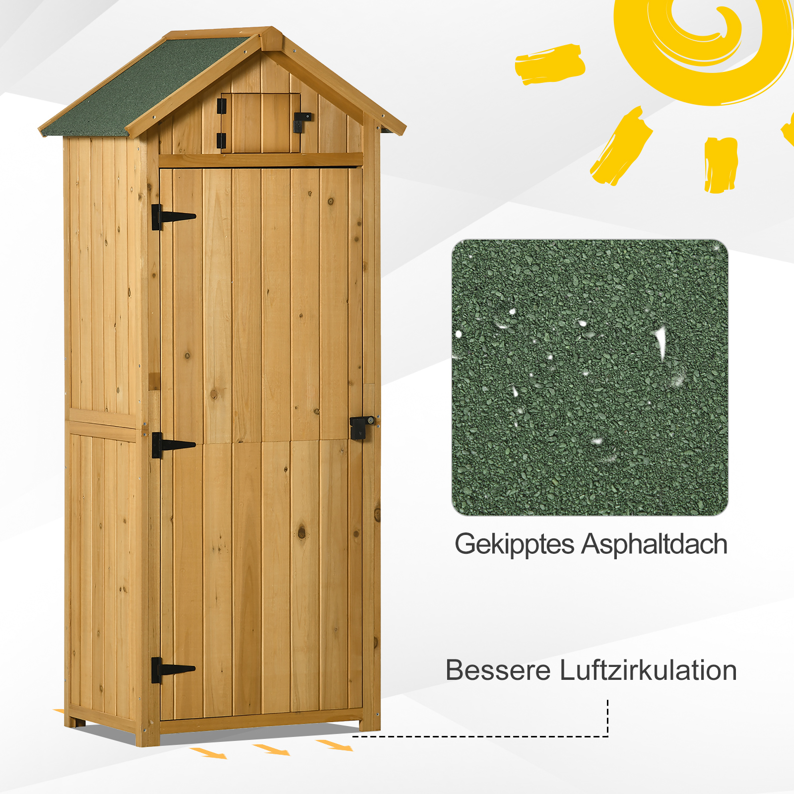 Gartenschrank Gartenhaus Gerätehaus Geräteschuppen mit Fachböden Asphaltdach Fenster Holz Gelb+Grün 77 x 54,2 x 179 cm