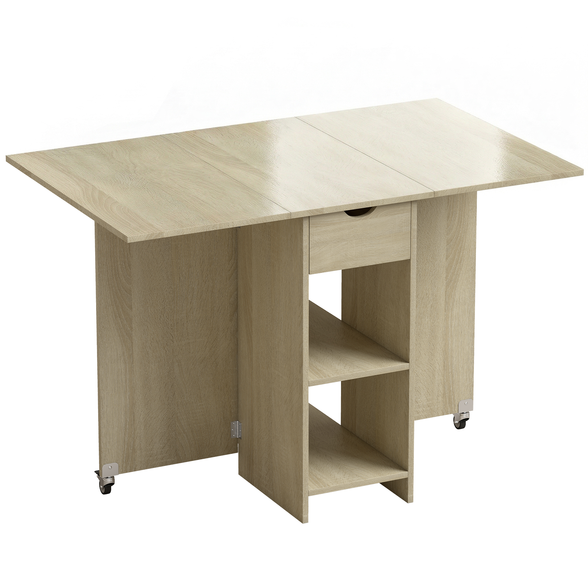 klappbarer Esstisch für 2-4 Personen, Rollbarer Tisch mit offenem Fach und Schublade, ideal für kleine Räume, Natur
